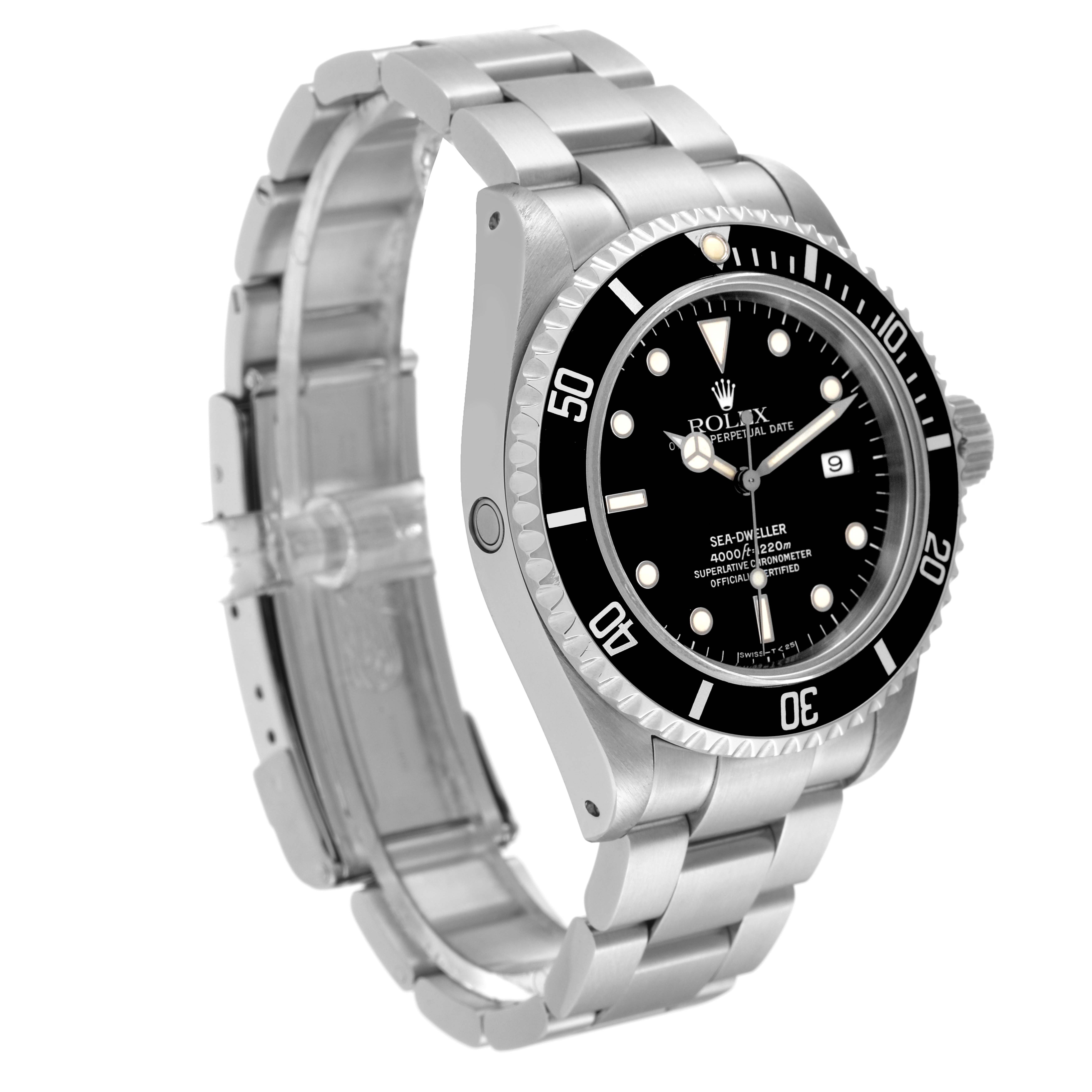 This image shows a Rolex Sea-Dweller 16600 Men
s Stainless Steel Black Dial 16600 Men
s Stainless Steel Black Dial watch at a three-quarter angle, displaying its face, bezel, case, crown, and part of the bracelet.