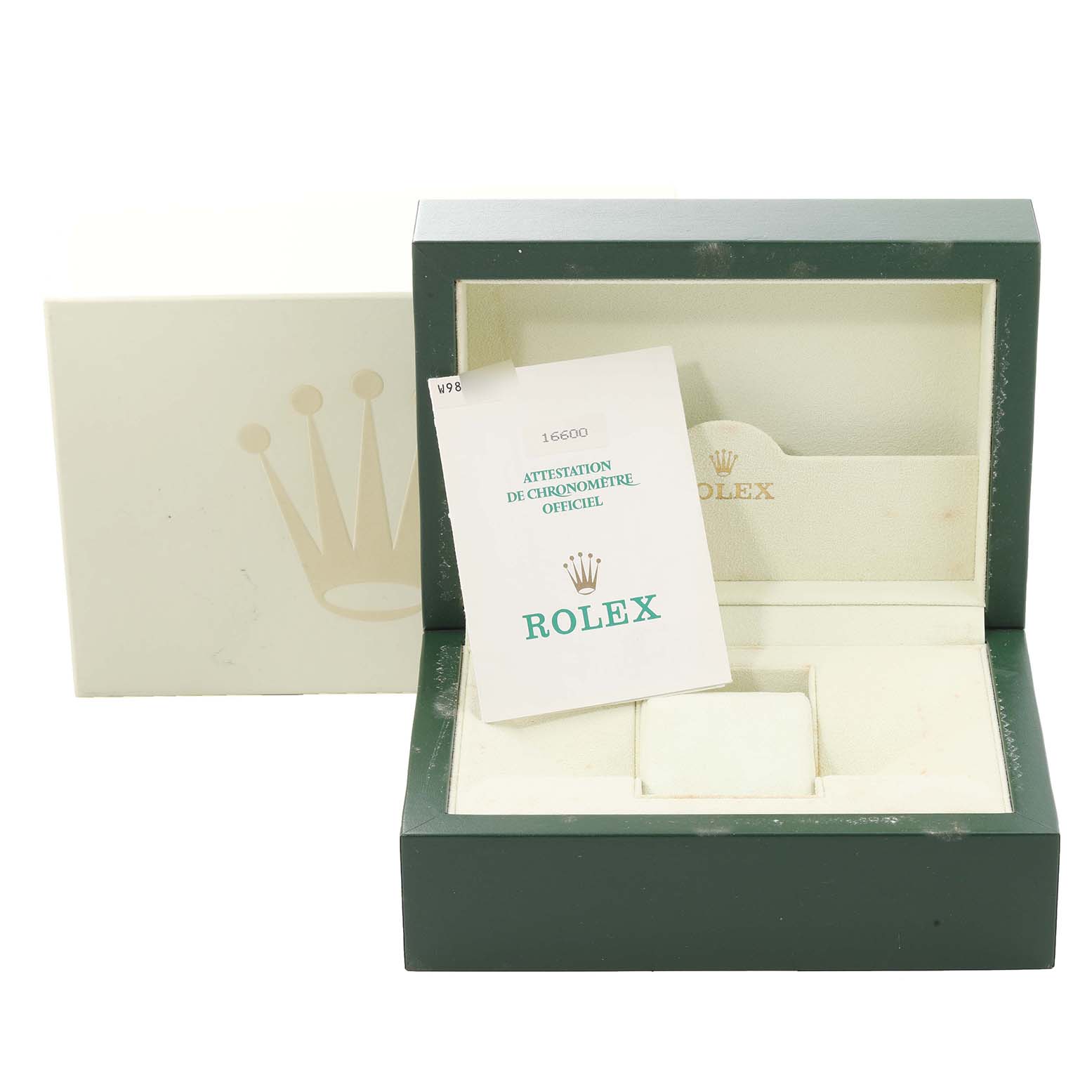 The image shows an open Rolex Sea-Dweller 16600 Men
s Stainless Steel Black Dial 16600 Men
s Stainless Steel Black Dial watch box with its official chronometer certification card.