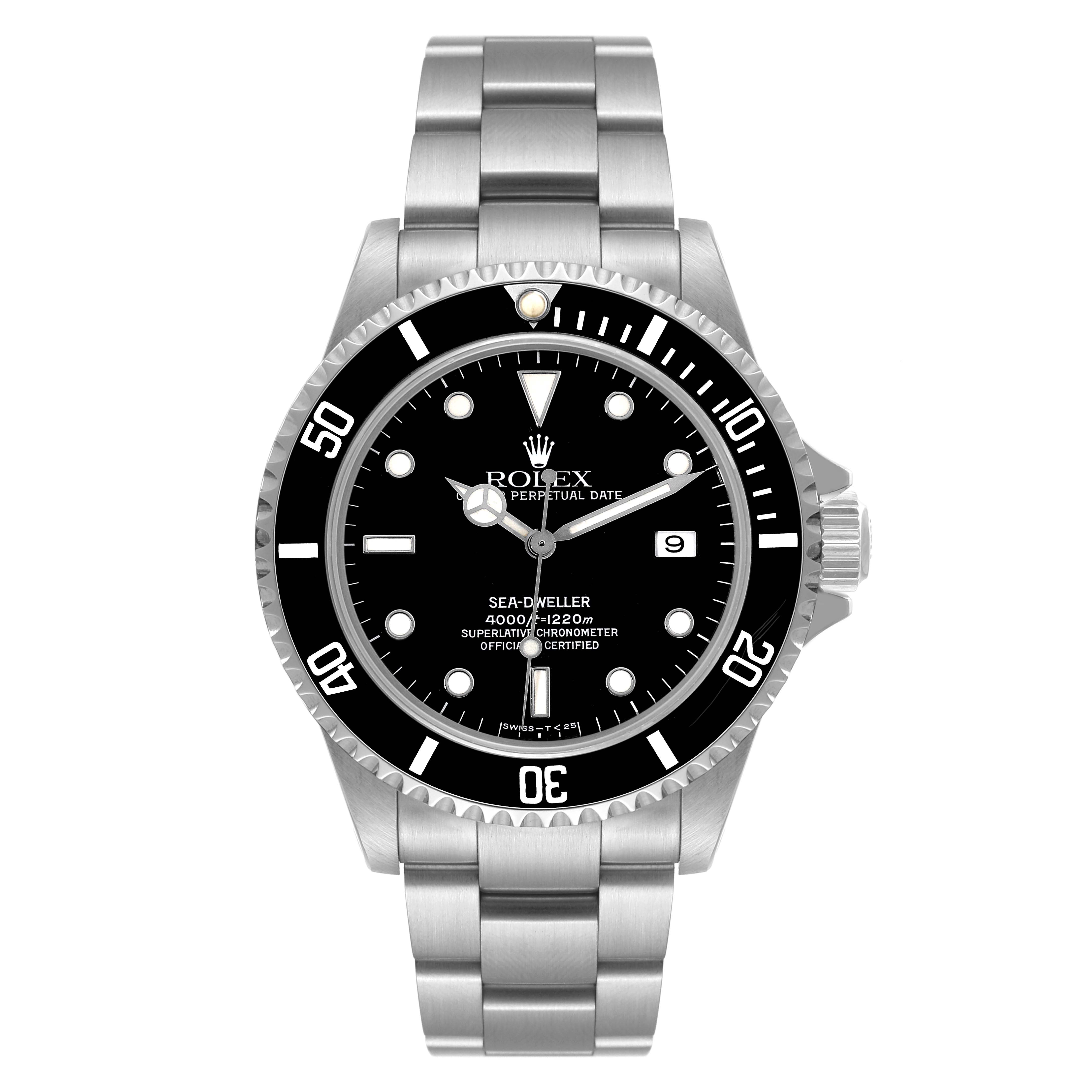 The image shows the face and bracelet of the Rolex Sea-Dweller 16600 Men
s Stainless Steel Black Dial 16600 Men
s Stainless Steel Black Dial watch, viewed from the front.