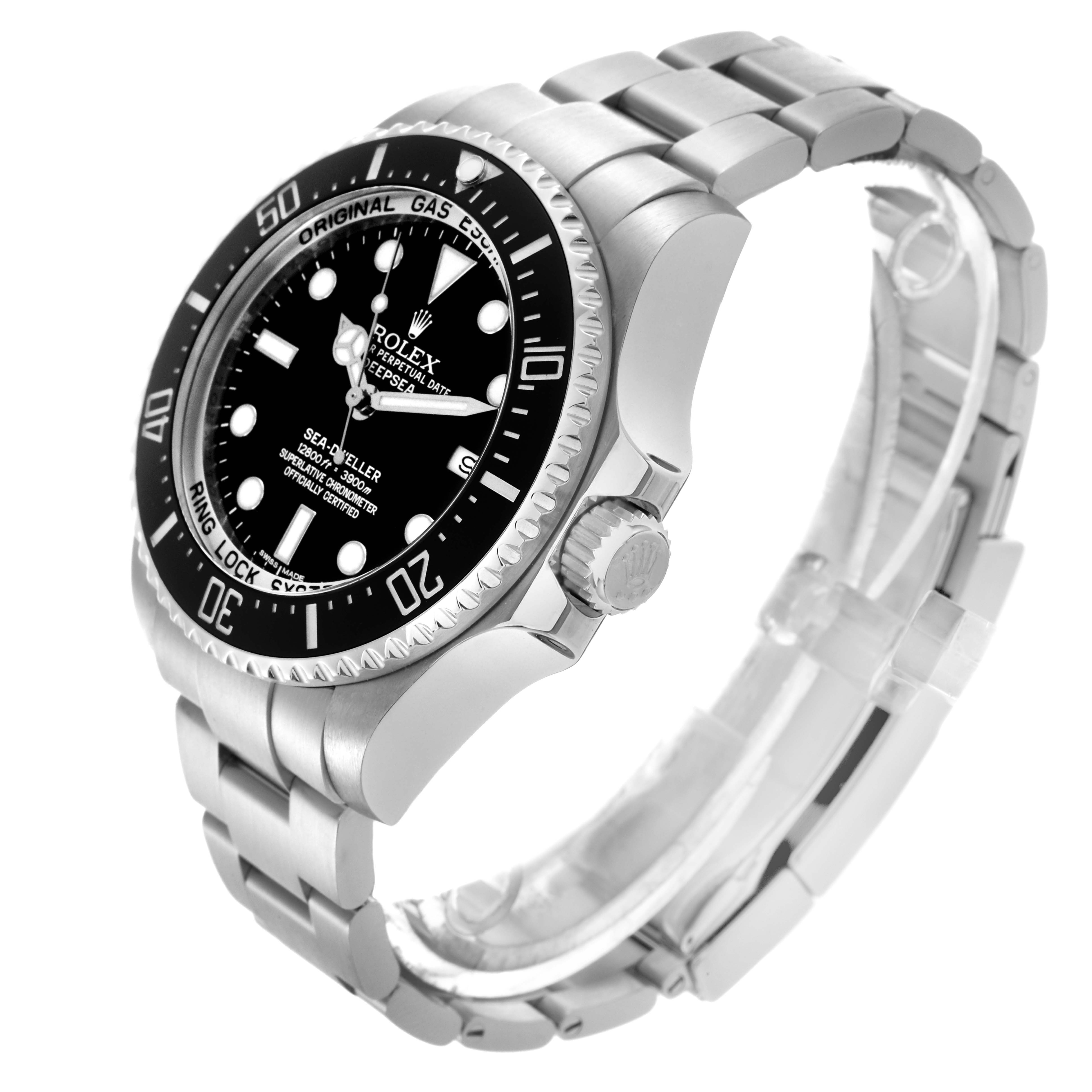 The Rolex Sea-Dweller 116660 Men's Stainless Steel Black Dial 116660 Men's Stainless Steel Black Dial watch is shown at a side angle, displaying the dial, bezel, bracelet, and crown.
