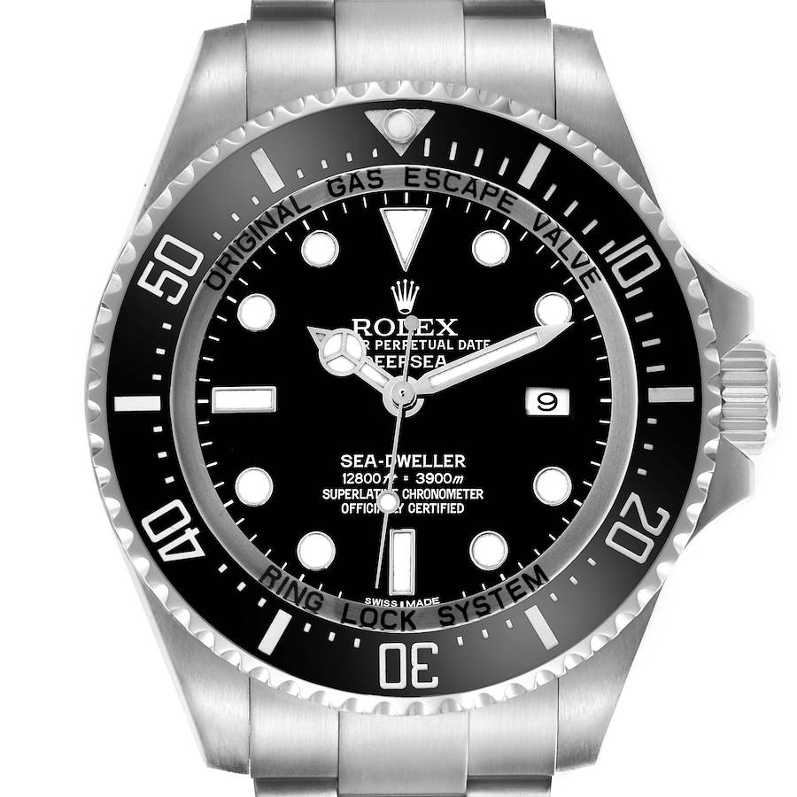 The Rolex Sea-Dweller watch is shown from the front, displaying its dial, bezel, and part of the bracelet.