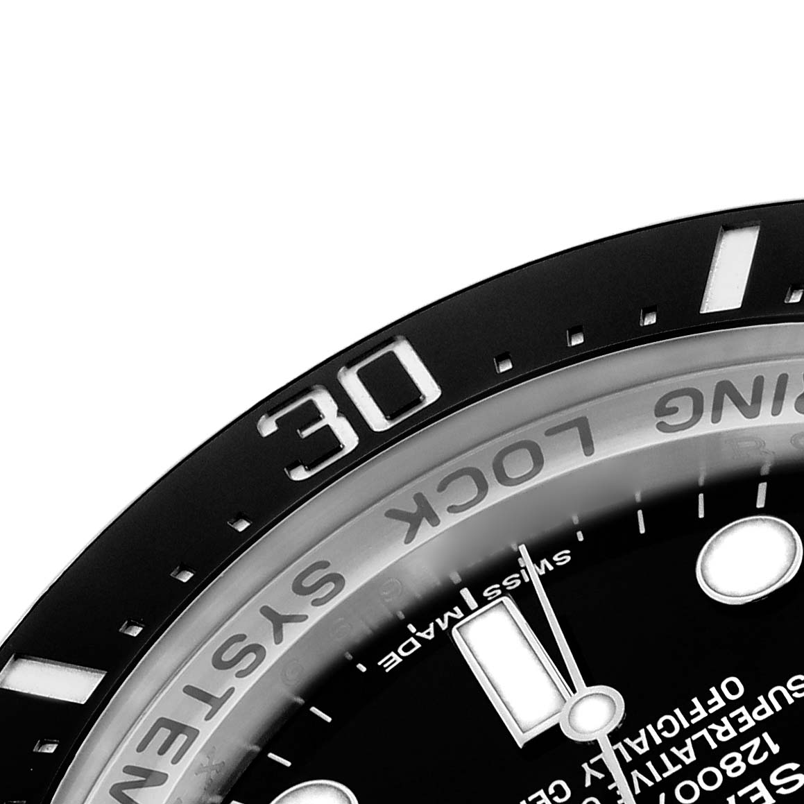 The image shows a close-up of the bezel and part of the dial of the Rolex Sea-Dweller 116660 Men's Stainless Steel Black Dial 116660 Men's Stainless Steel Black Dial watch, highlighting the "30" marker.
