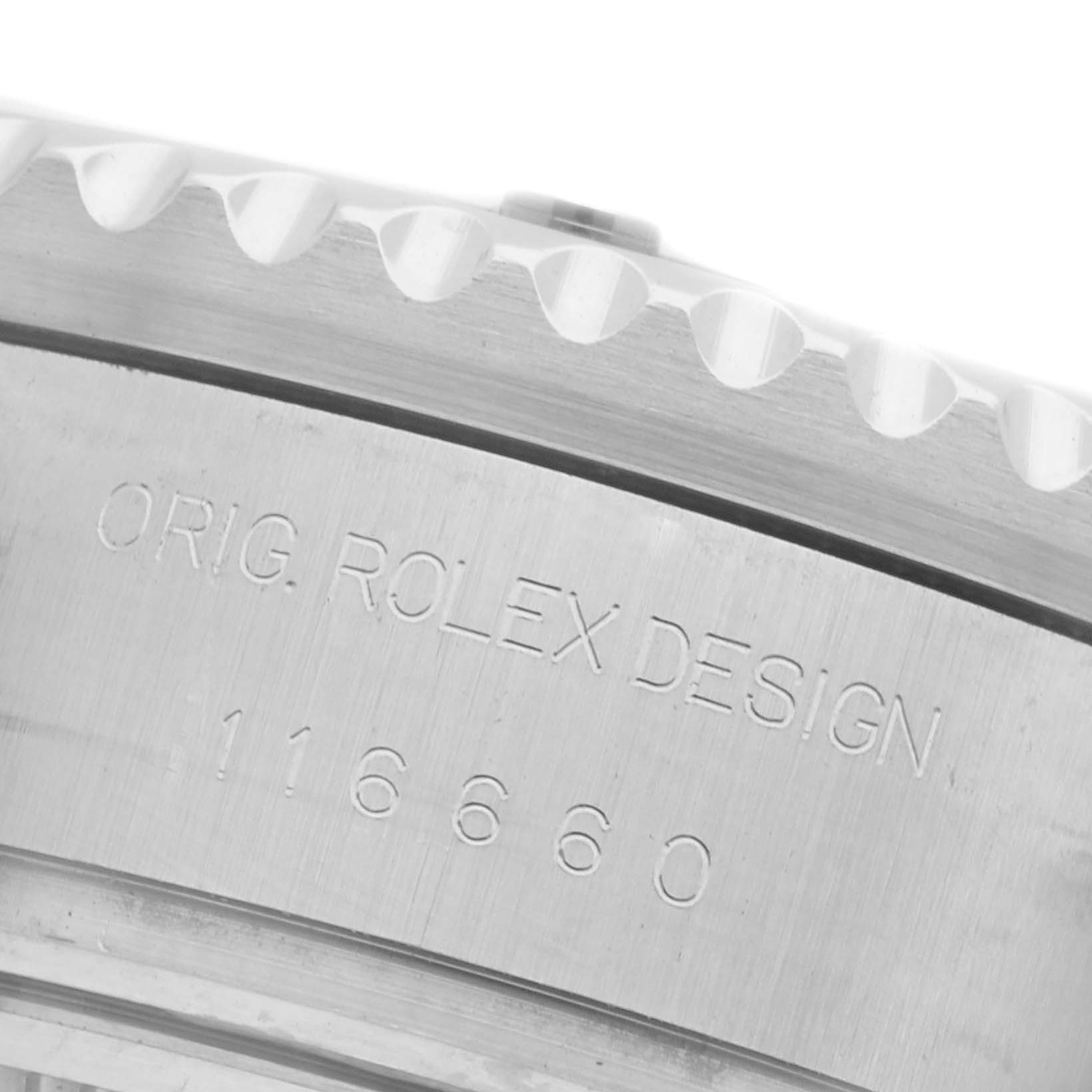 The image shows a close-up of the side of the Rolex Sea-Dweller 116660 Men's Stainless Steel Black Dial 116660 Men's Stainless Steel Black Dial watch, highlighting the bezel edge and engraved model number.