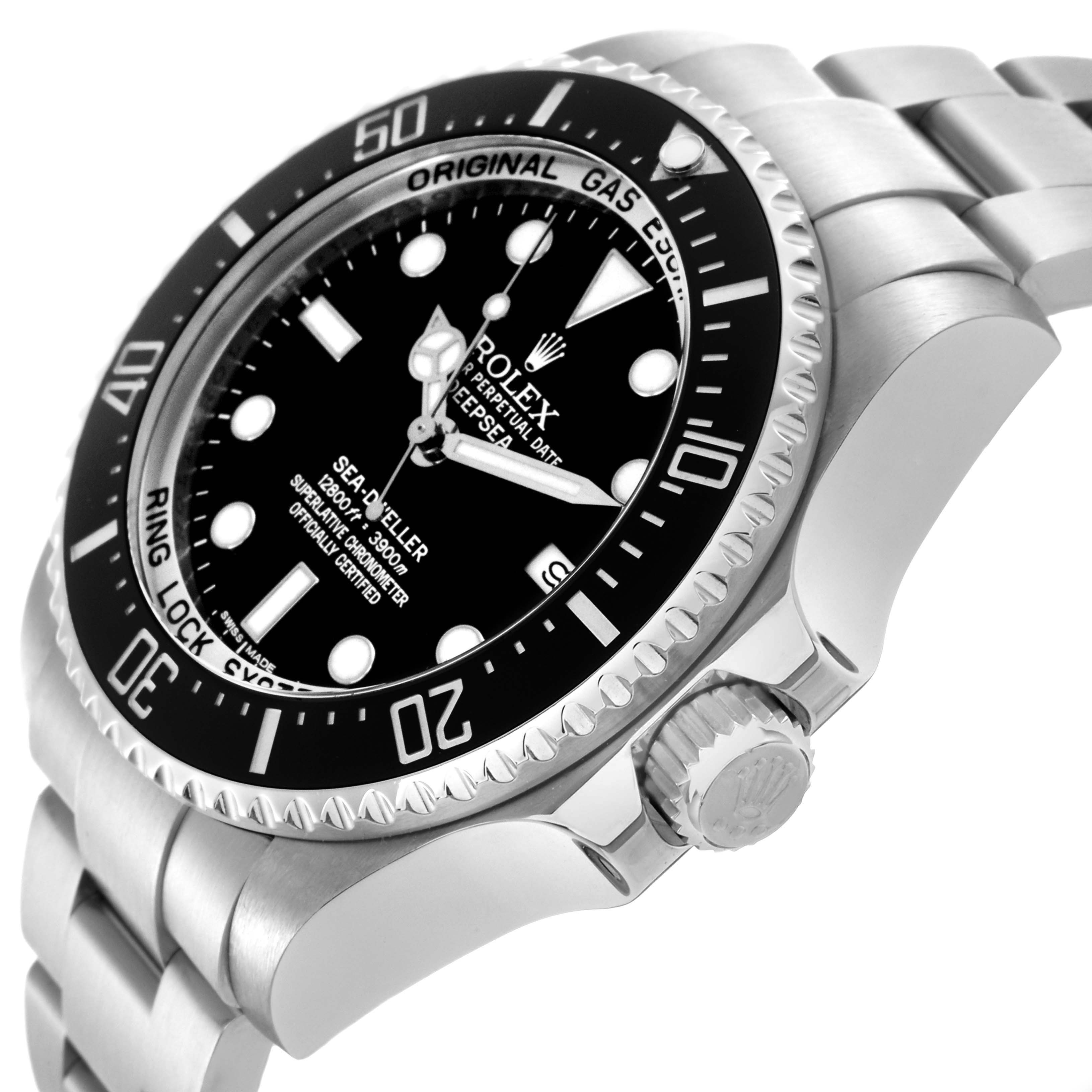 The image shows a Sea-Dweller Rolex watch at an angled side view highlighting the bezel, crown, and bracelet.