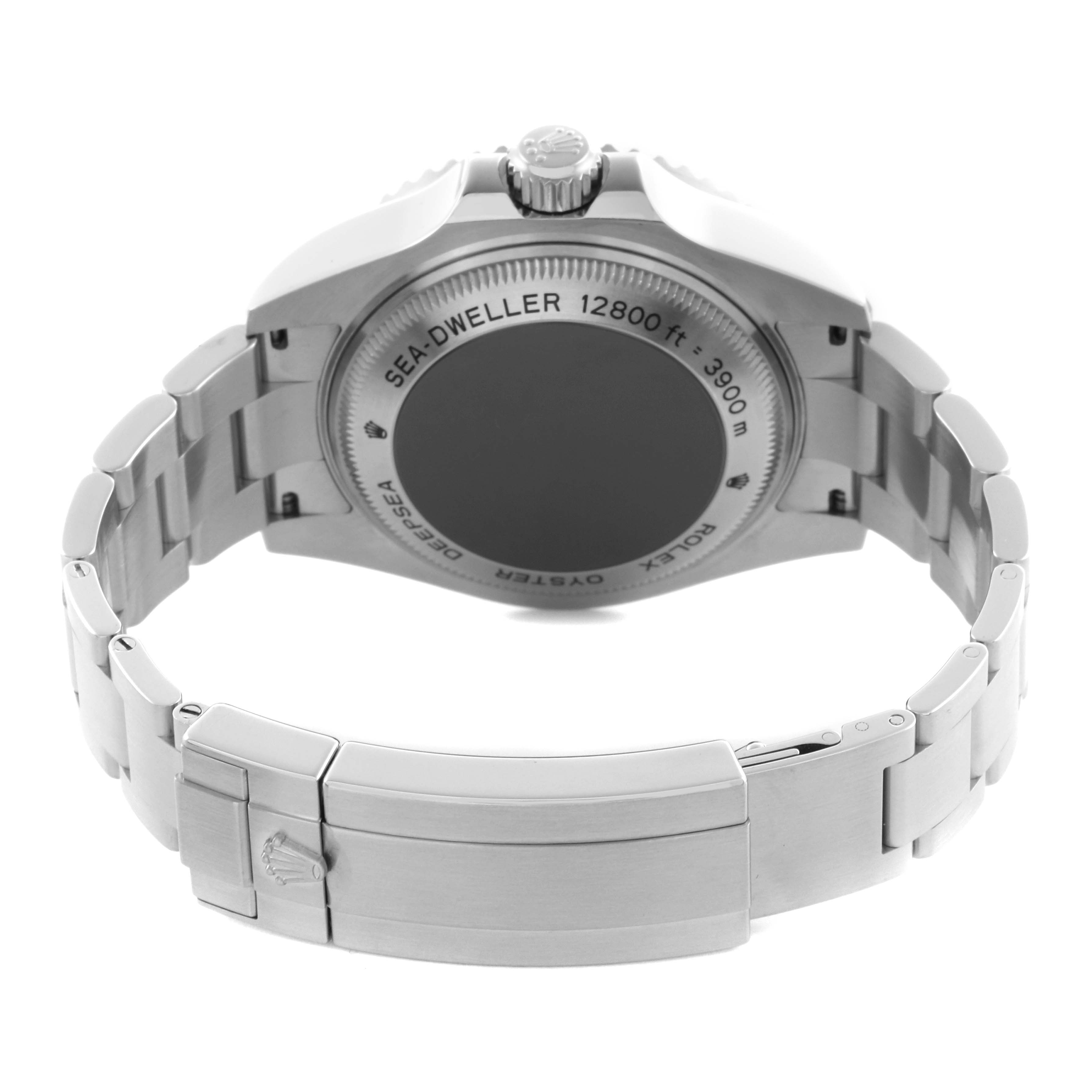 The image shows the back and clasp of a Rolex Sea-Dweller 116660 Men's Stainless Steel Black Dial 116660 Men's Stainless Steel Black Dial watch, highlighting the bracelet and caseback with inscriptions.