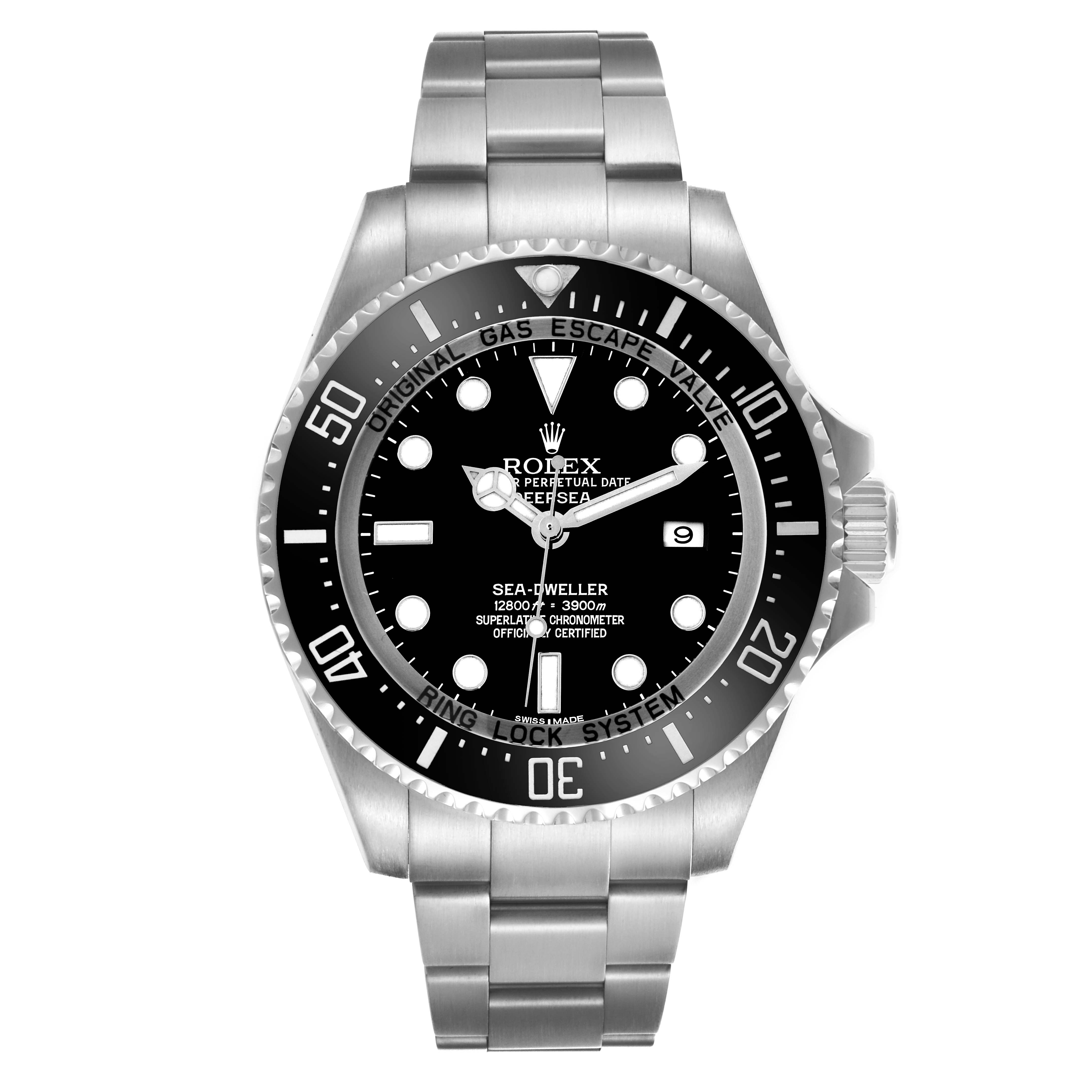 The Rolex Sea-Dweller 116660 Men's Stainless Steel Black Dial 116660 Men's Stainless Steel Black Dial watch is shown from the front, highlighting the bezel, face, crown, and bracelet.