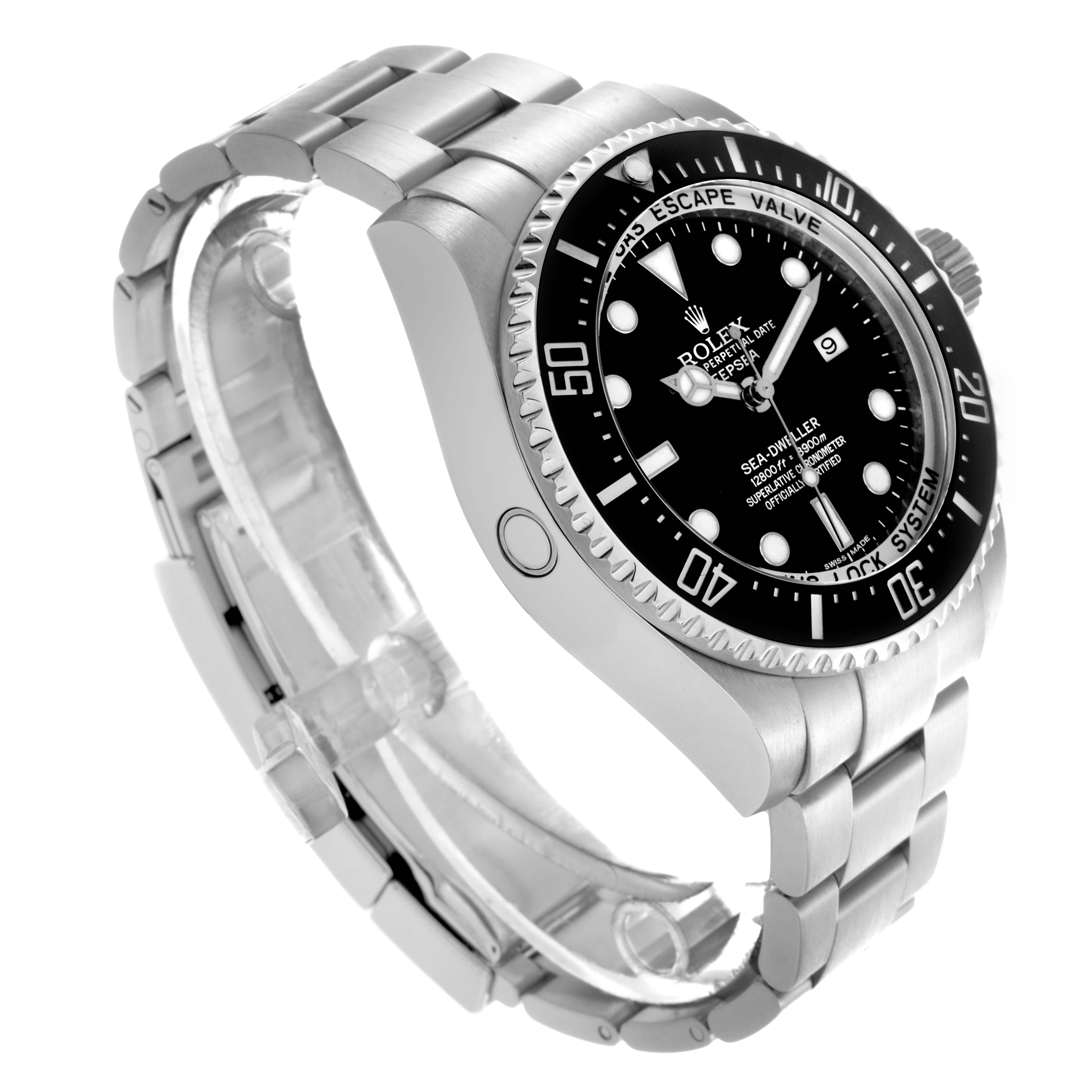 The Rolex Sea-Dweller 116660 Men's Stainless Steel Black Dial 116660 Men's Stainless Steel Black Dial watch is shown at an angled side view, highlighting the bezel, dial, bracelet, and helium escape valve.
