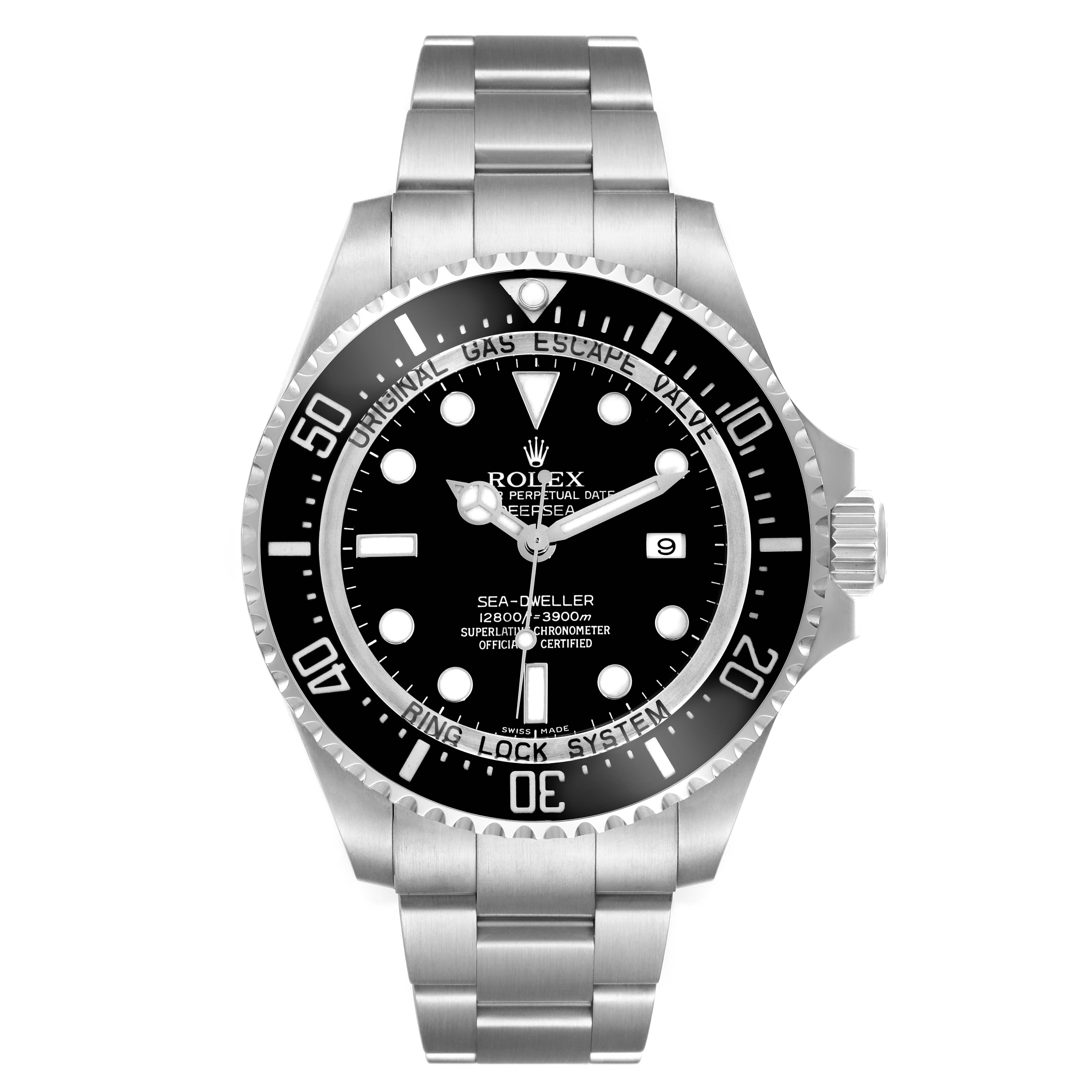 The Rolex Sea-Dweller 116660 Men's Stainless Steel Black Dial 116660 Men's Stainless Steel Black Dial watch is shown from the front, displaying the face, bezel, crown, and bracelet.