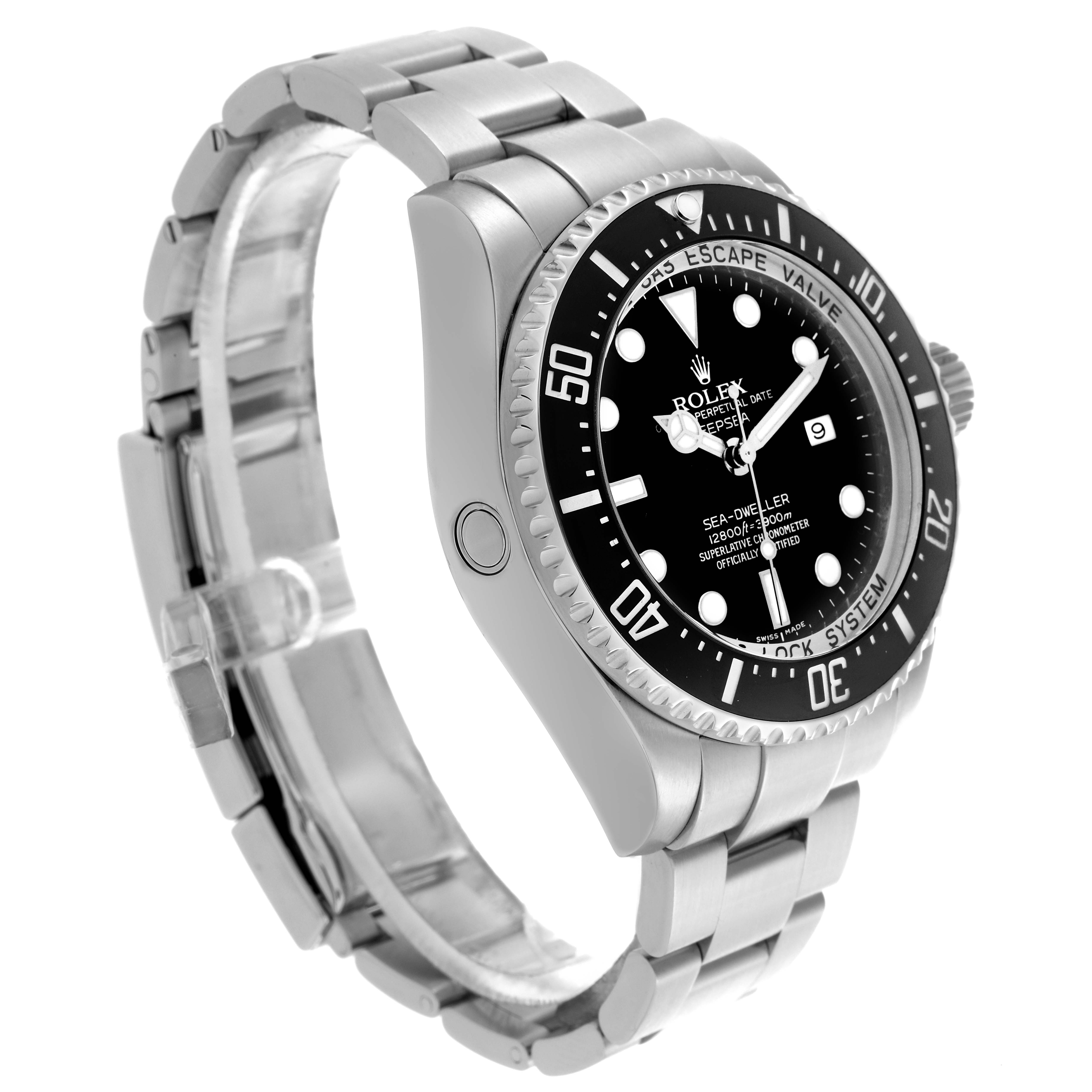 The Rolex Sea-Dweller 116660 Men's Stainless Steel Black Dial 116660 Men's Stainless Steel Black Dial watch is shown at a 3/4 angle, displaying the face, bezel, crown, and part of the bracelet.