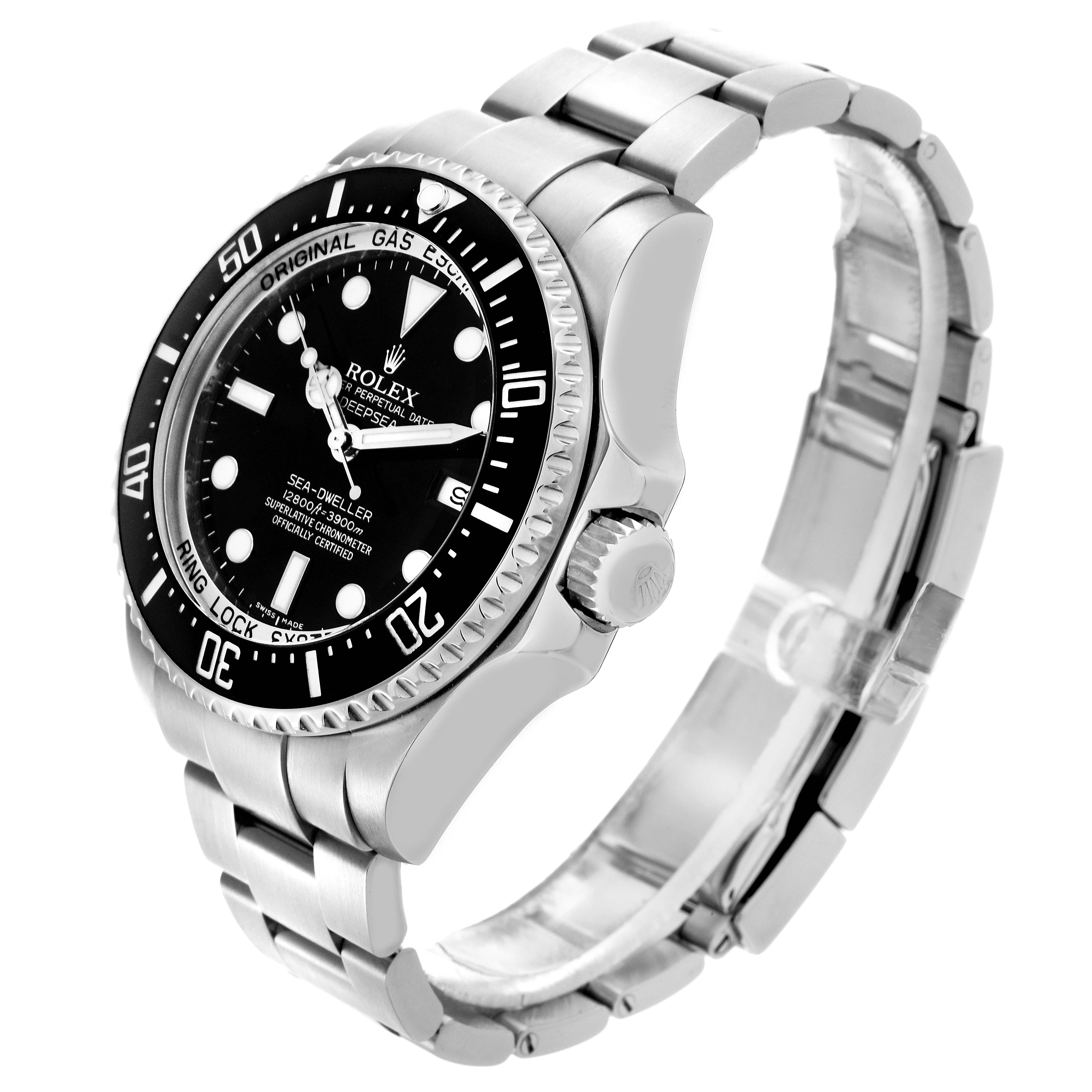 The Rolex Sea-Dweller 116660 Men's Stainless Steel Black Dial 116660 Men's Stainless Steel Black Dial watch is shown at a three-quarter angle, highlighting the bezel, dial, crown, and bracelet.