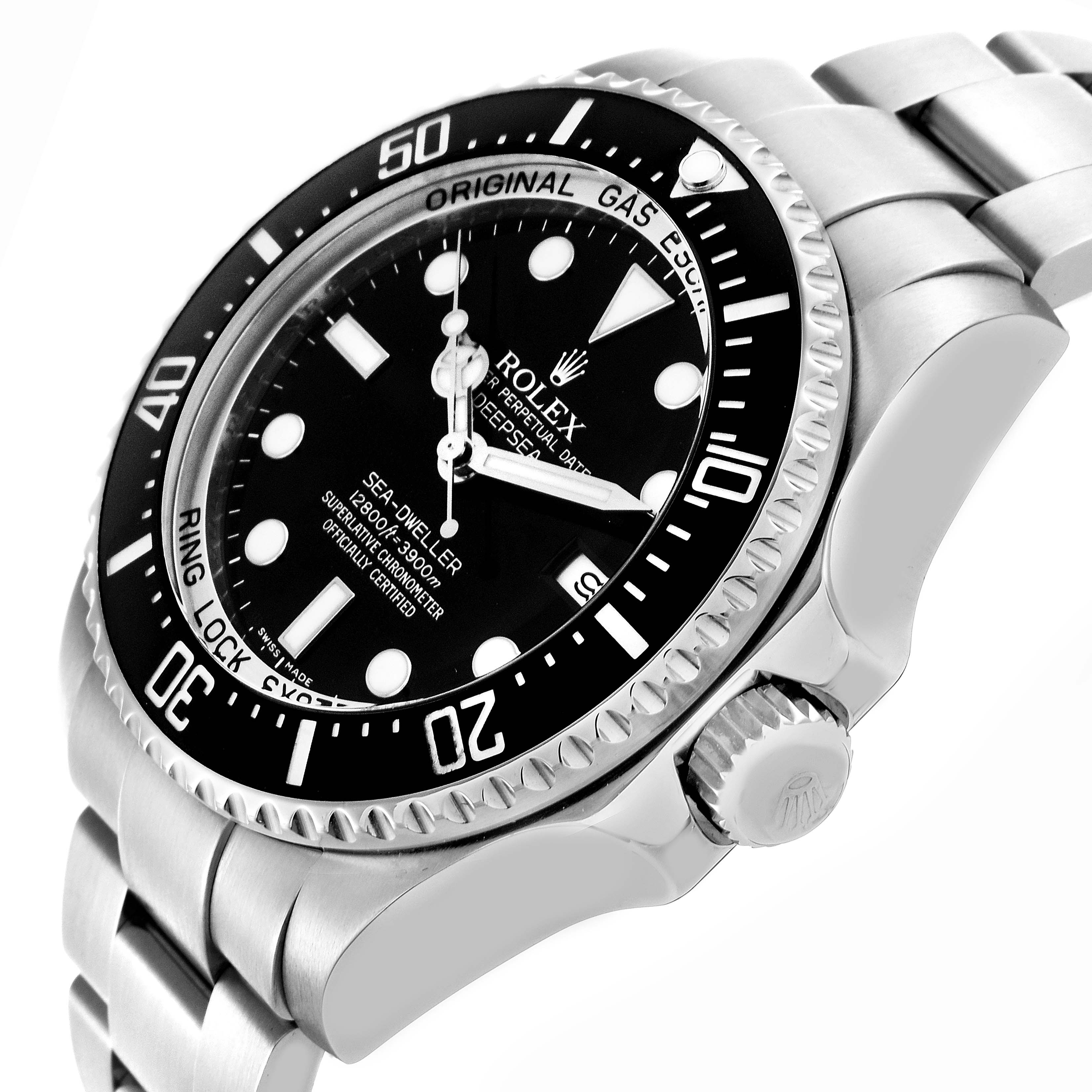 The image shows a side angle of the Rolex Sea-Dweller 116660 Men's Stainless Steel Black Dial 116660 Men's Stainless Steel Black Dial, highlighting the bezel, crown, and part of the bracelet.