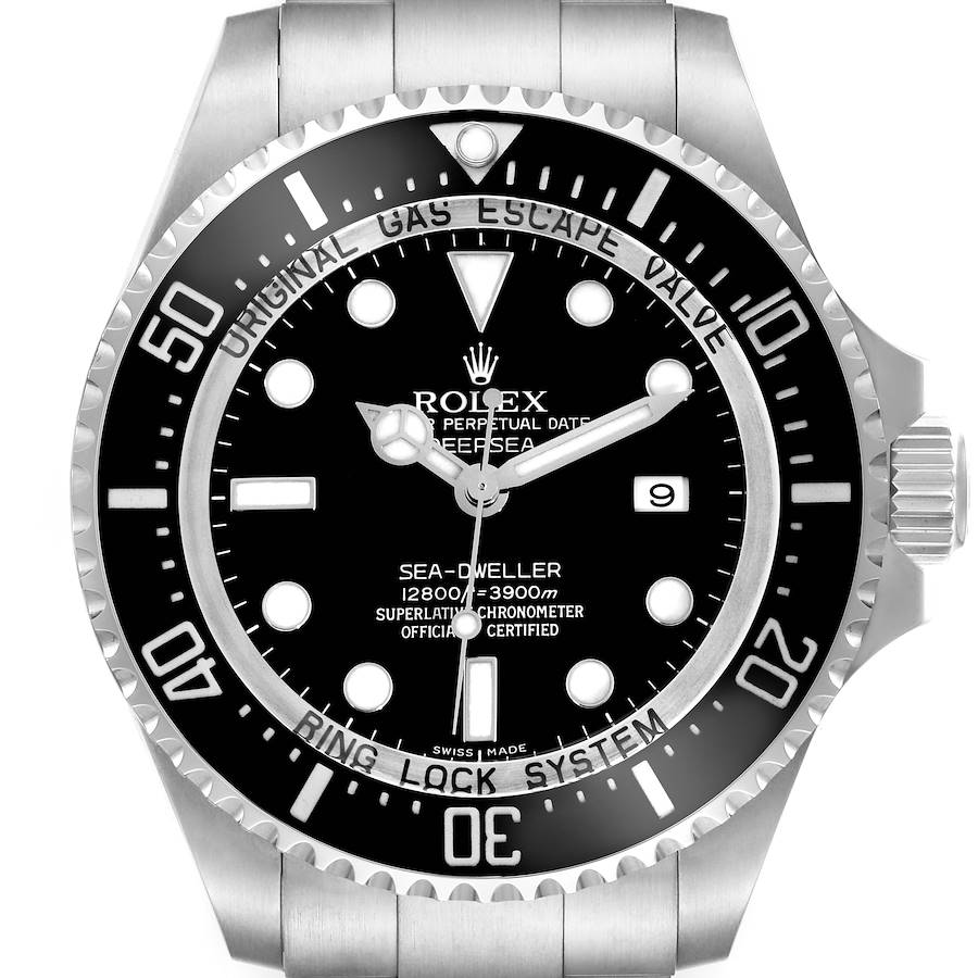 The image shows a frontal view of the Rolex Sea-Dweller watch, displaying the dial, bezel, and part of the bracelet.
