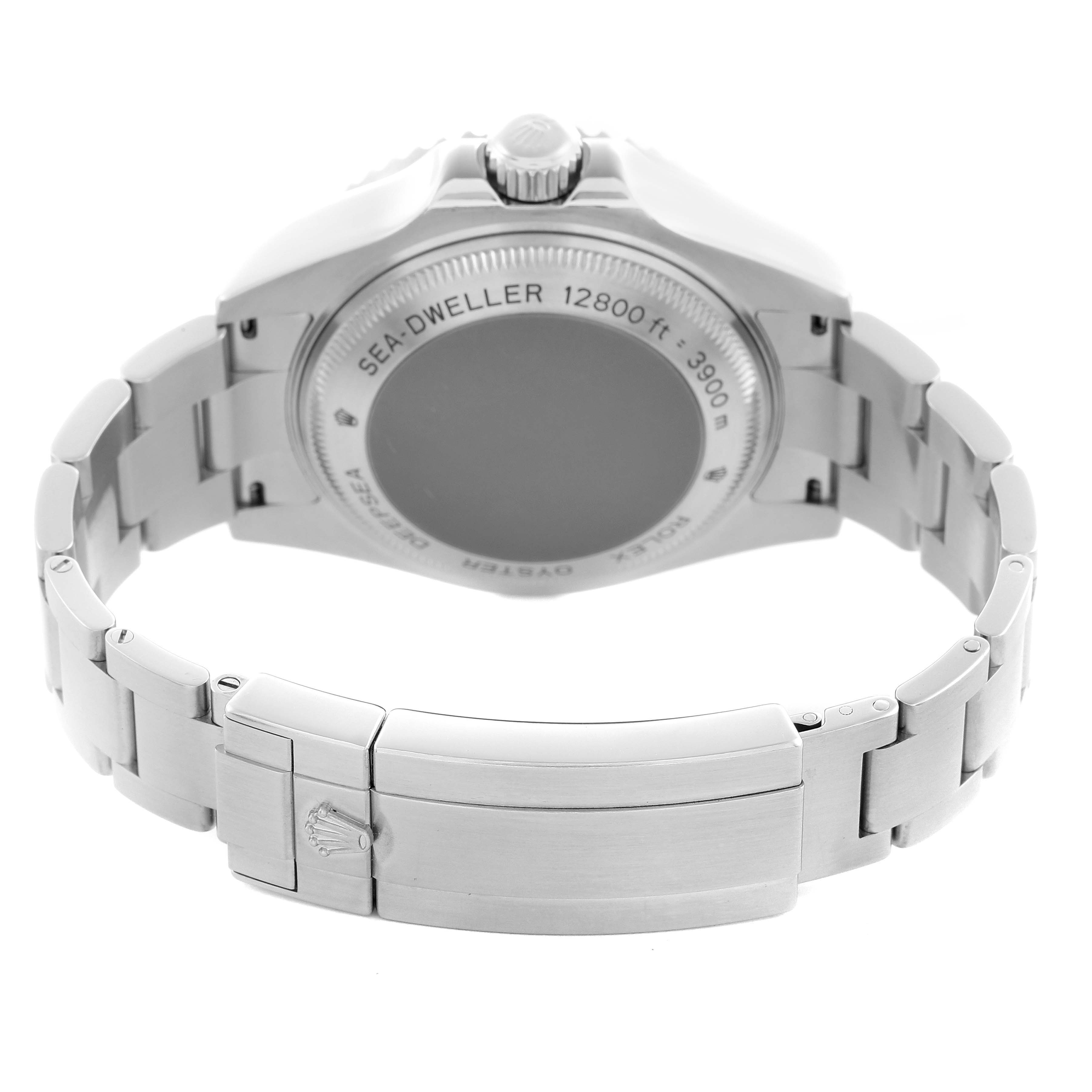 The Rolex Sea-Dweller 116660 Men's Stainless Steel Black Dial 116660 Men's Stainless Steel Black Dial watch is shown from the back, highlighting the case back and bracelet with the clasp visible.