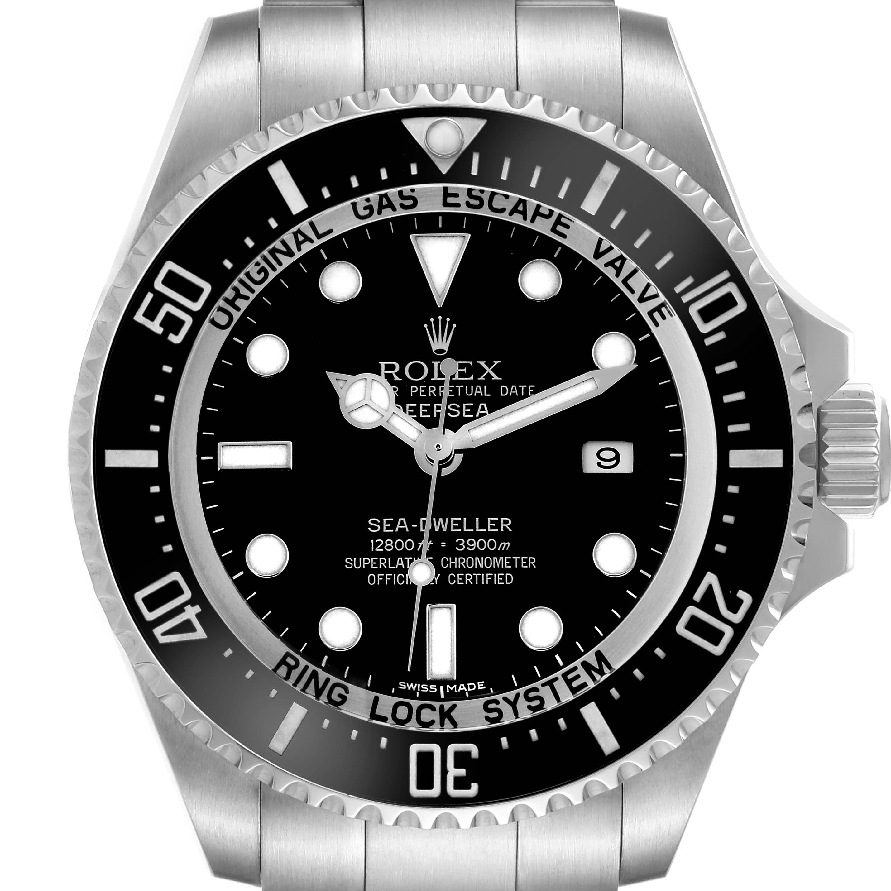 The image shows a frontal view of the Rolex Sea-Dweller 116660 Men's Stainless Steel Black Dial 116660 Men's Stainless Steel Black Dial, highlighting the dial, bezel, and part of the bracelet.