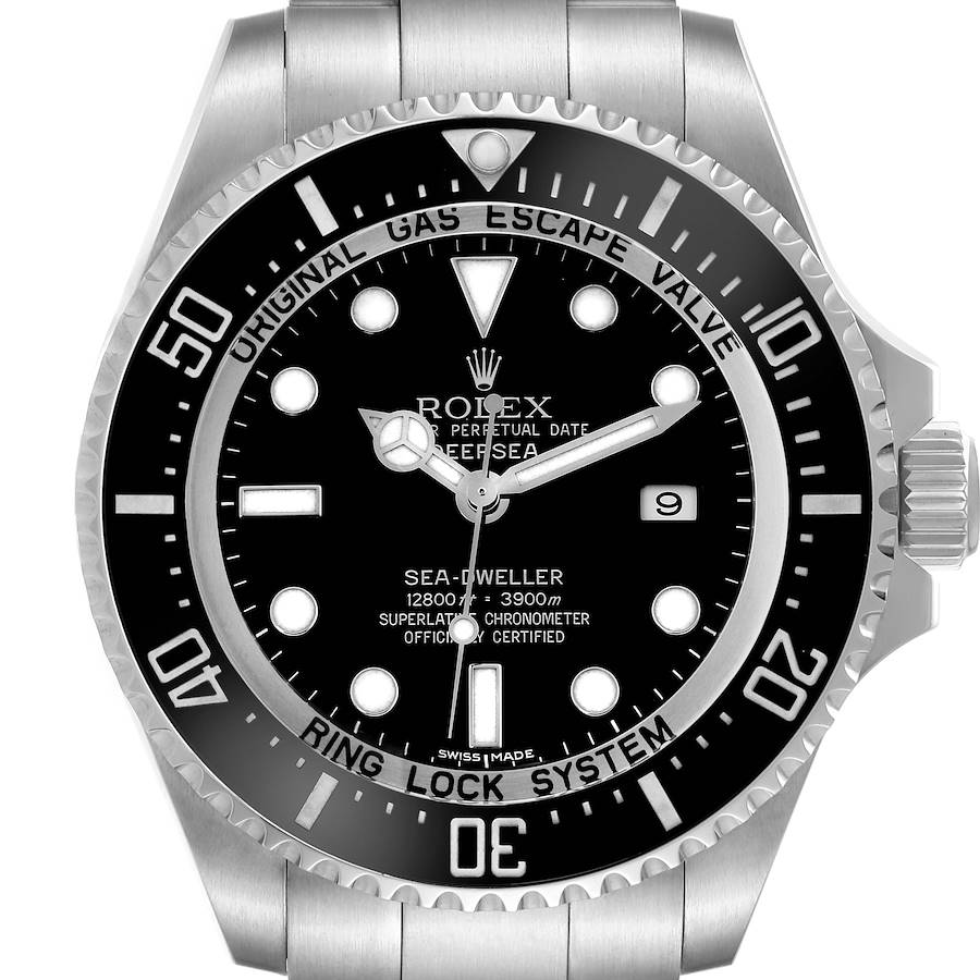 The image shows a frontal view of the Rolex Sea-Dweller, highlighting the dial, bezel, and part of the bracelet.