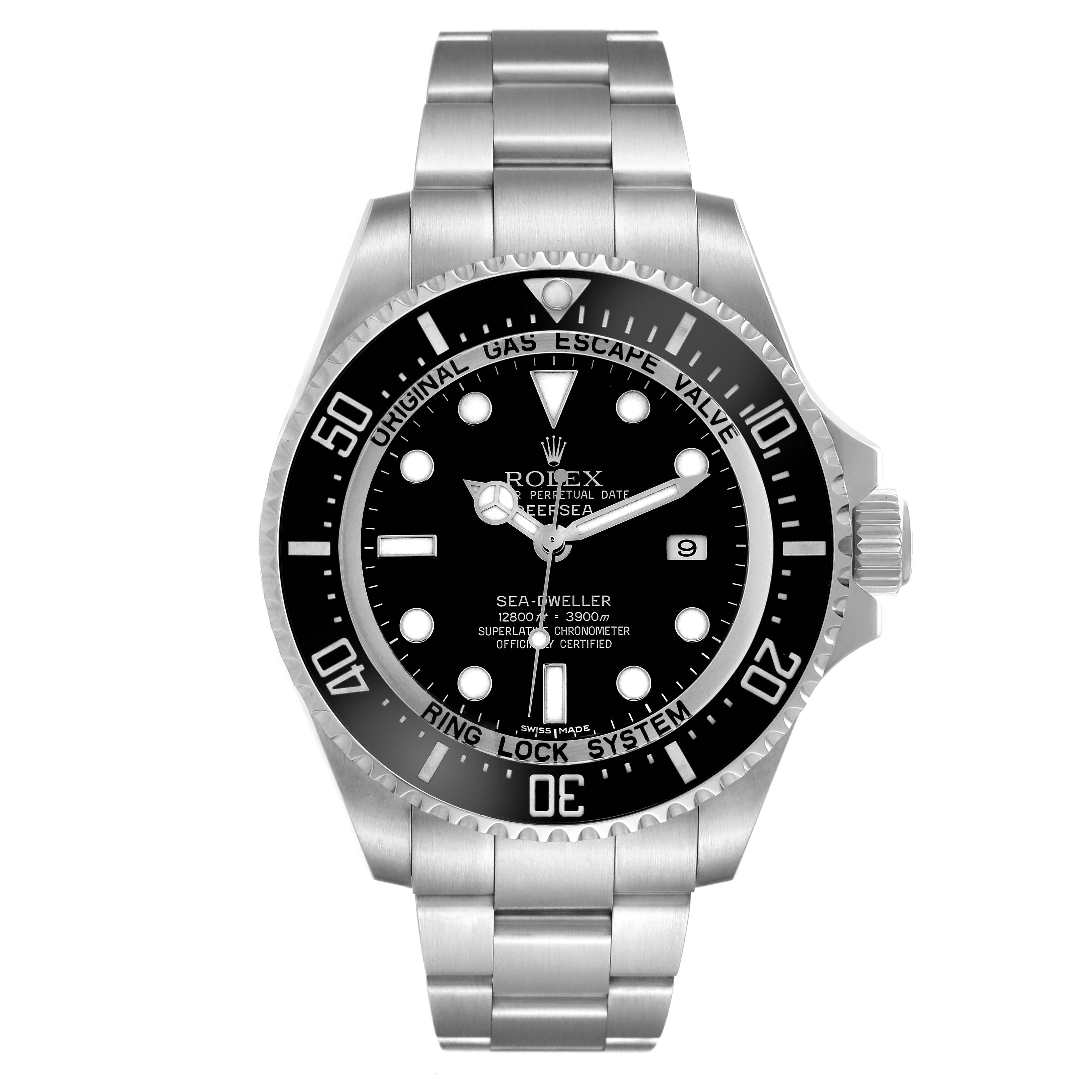 The Rolex Sea-Dweller 116660 Men's Stainless Steel Black Dial 116660 Men's Stainless Steel Black Dial watch is shown from the front, highlighting the dial, bezel, and bracelet.