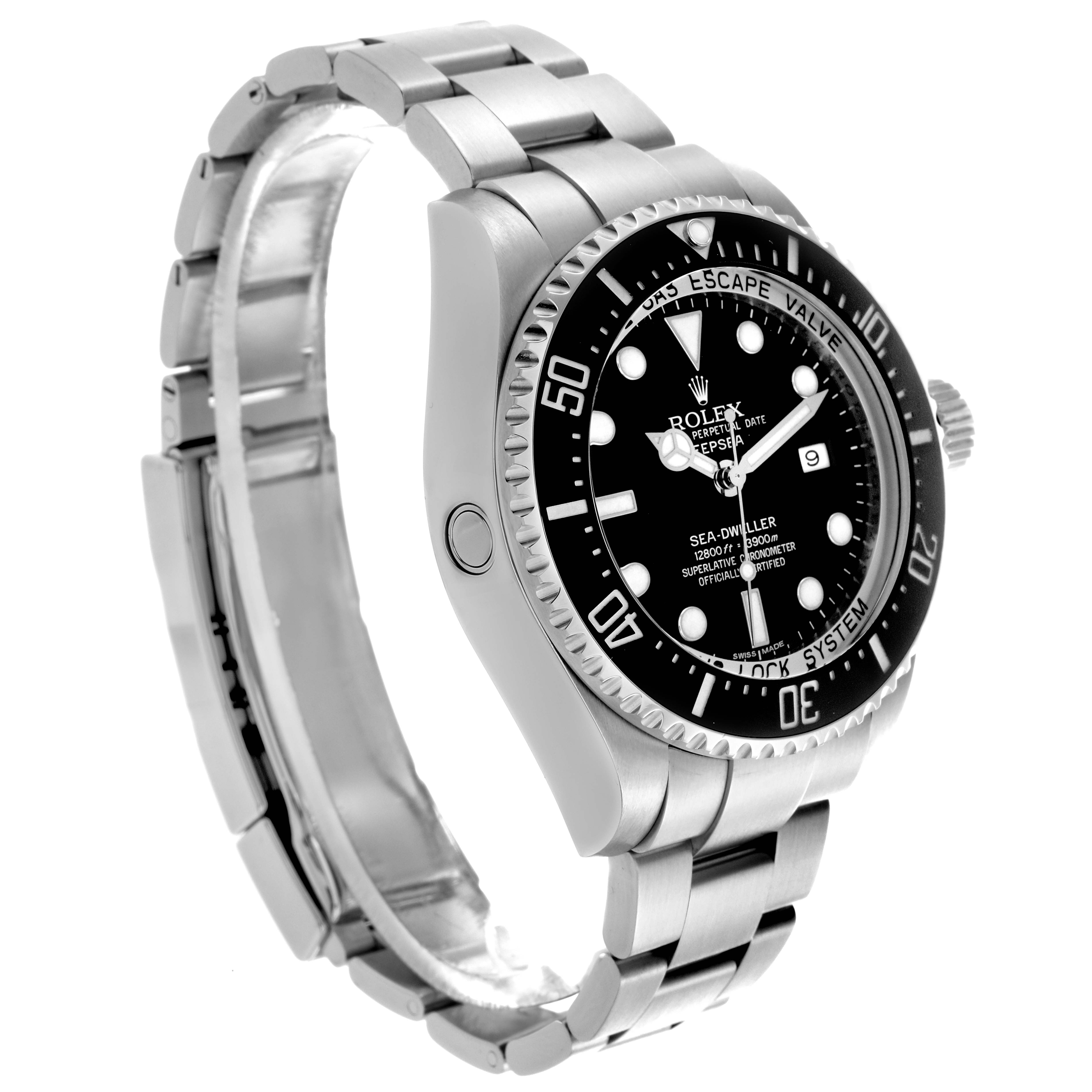The Rolex Sea-Dweller 116660 Men's Stainless Steel Black Dial 116660 Men's Stainless Steel Black Dial watch is shown at a three-quarter angle, highlighting the bezel, dial, case, and bracelet.