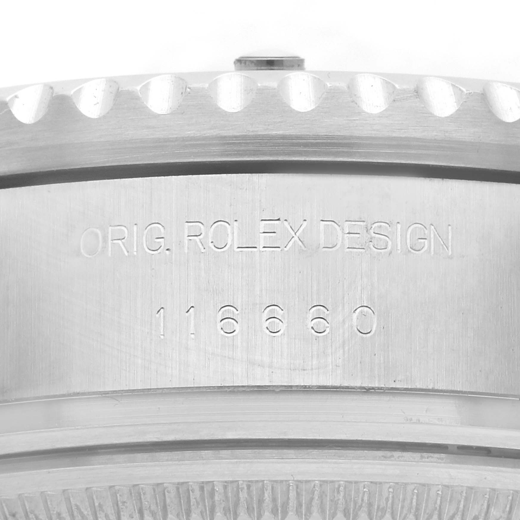 The image displays a side view of the Rolex Sea-Dweller 116660 Men's Stainless Steel Black Dial 116660 Men's Stainless Steel Black Dial model, focusing on the engraved case with "ORIG. ROLEX DESIGN 116660."