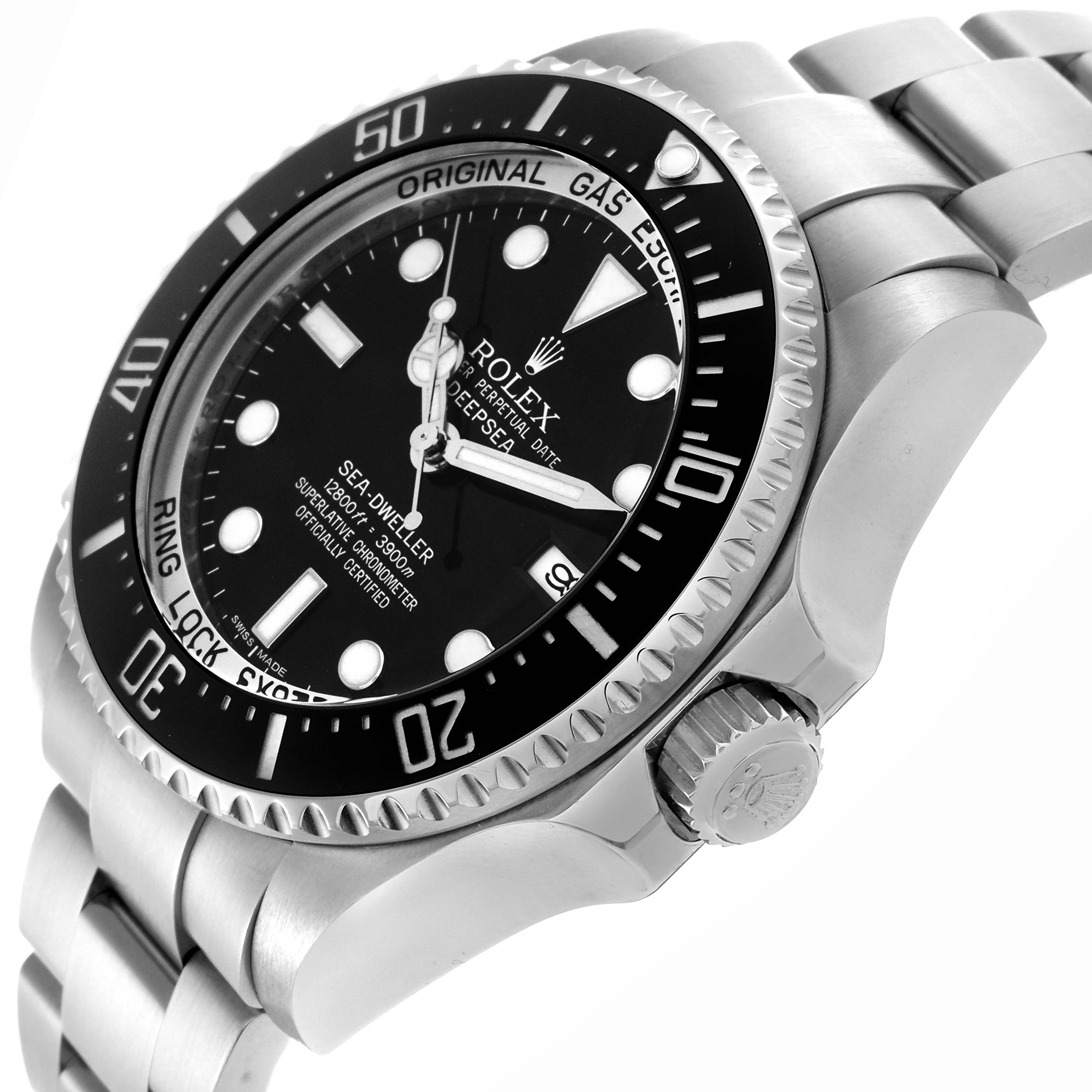 The image shows a side angle of the Rolex Sea-Dweller 116660 Men's Stainless Steel Black Dial 116660 Men's Stainless Steel Black Dial, highlighting the bezel, crown, and part of the bracelet.