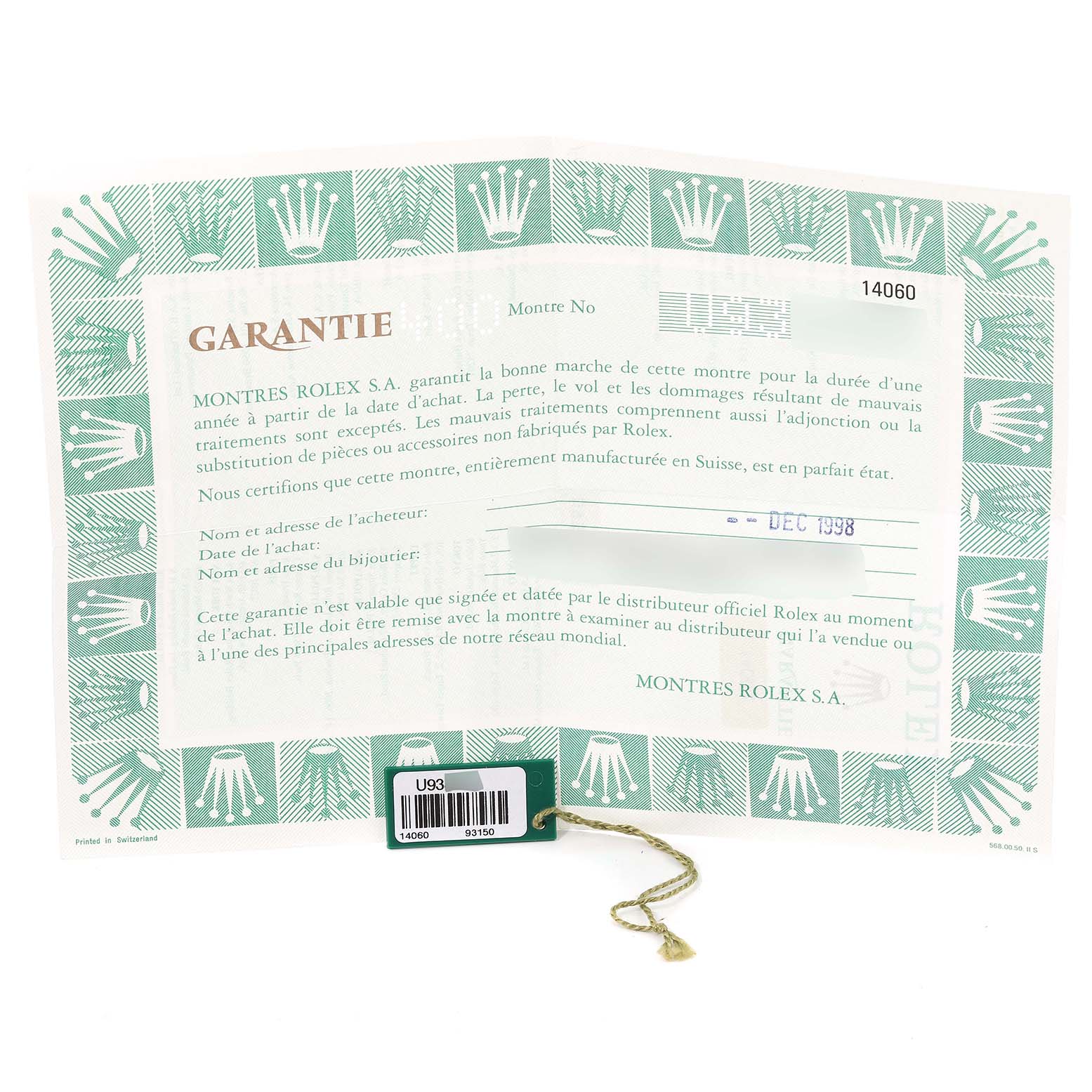 The image shows a warranty certificate and a tag for the Rolex Submariner 14060 Men
s Stainless Steel Black Dial 14060 Men
s Stainless Steel Black Dial model.