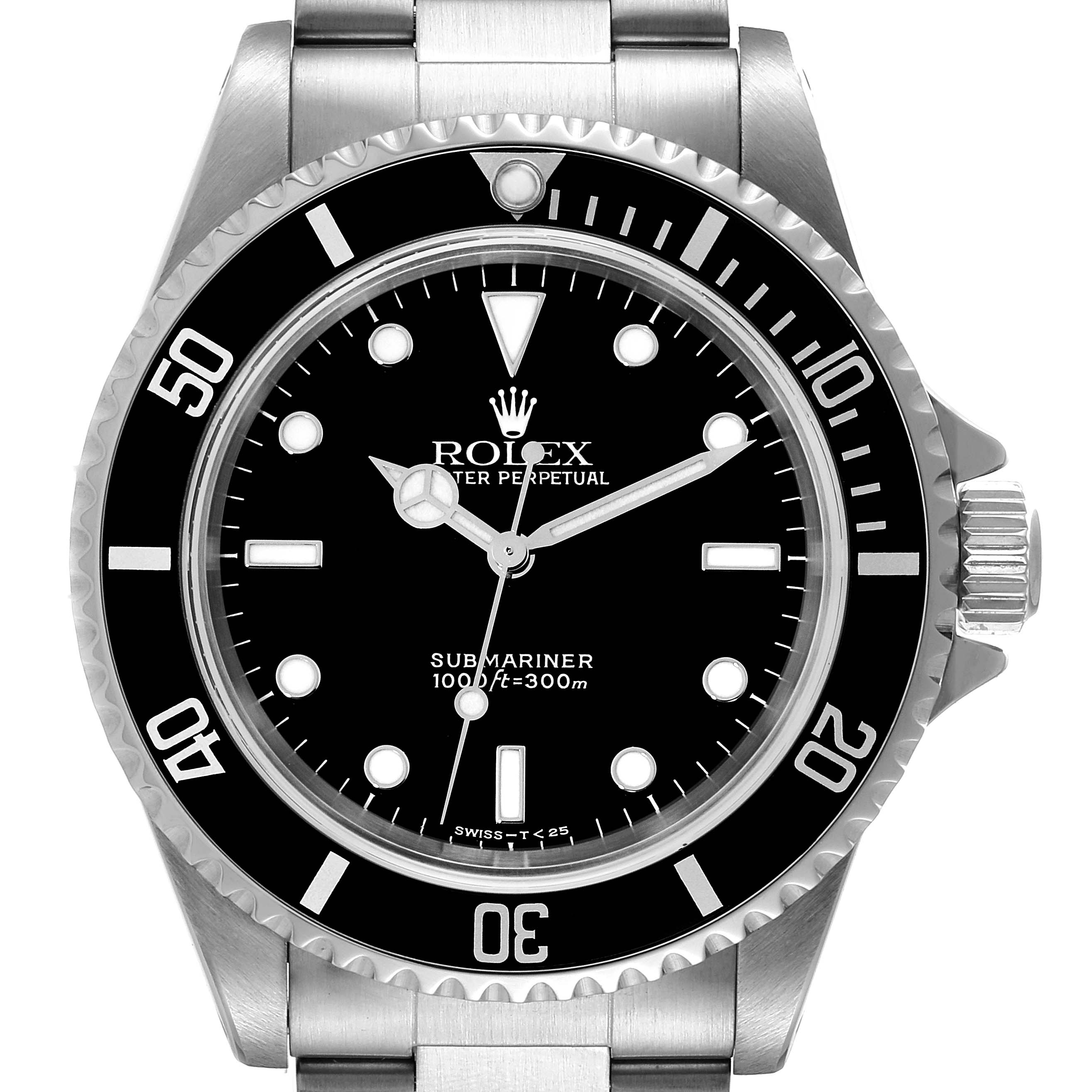 This image shows a front view of the Rolex Submariner 14060 Men
s Stainless Steel Black Dial 14060 Men
s Stainless Steel Black Dial watch, highlighting the bezel, dial, crown, and part of the bracelet.