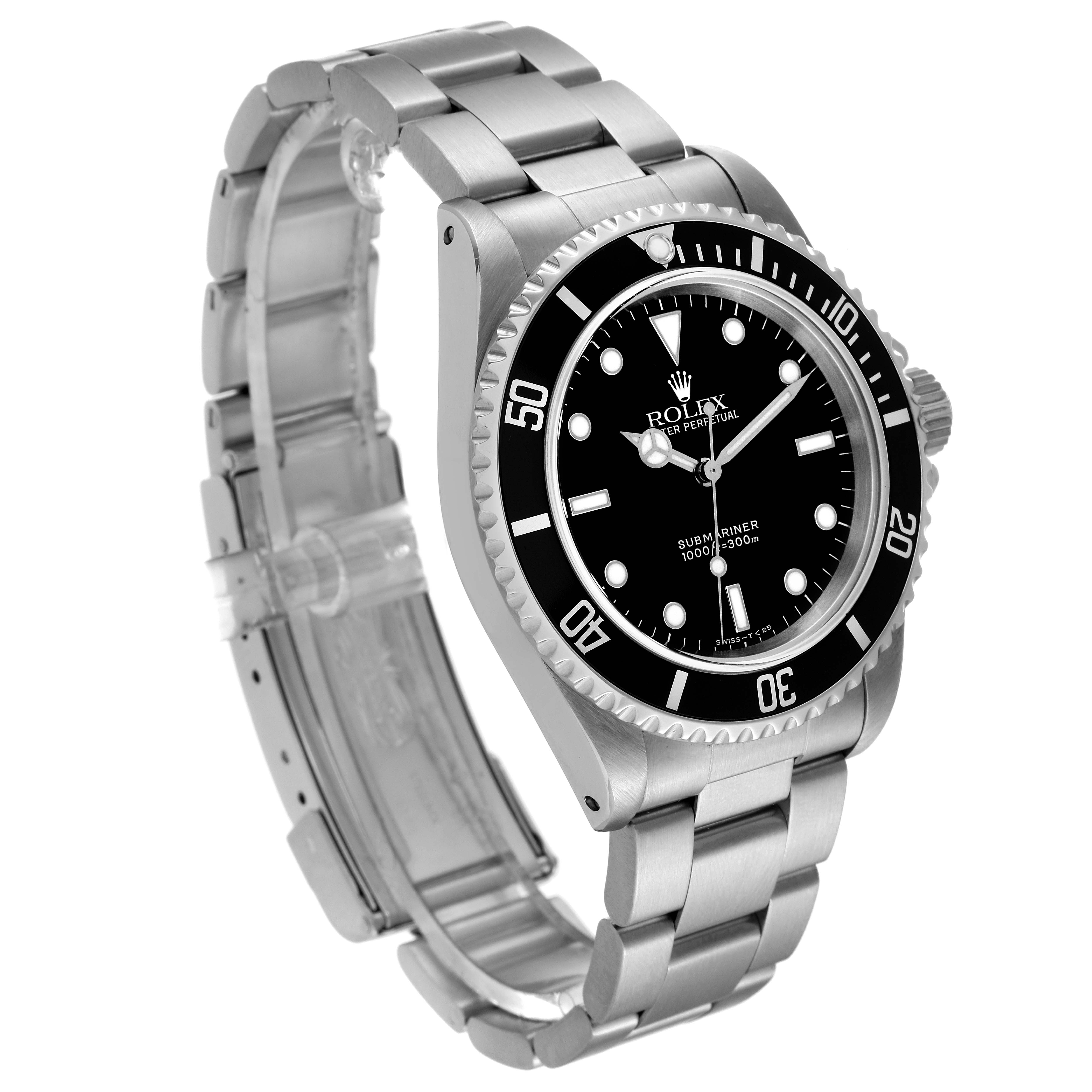 The image shows a Rolex Submariner 14060 Men
s Stainless Steel Black Dial 14060 Men
s Stainless Steel Black Dial watch from an angled side view, displaying its bracelet, bezel, and dial.