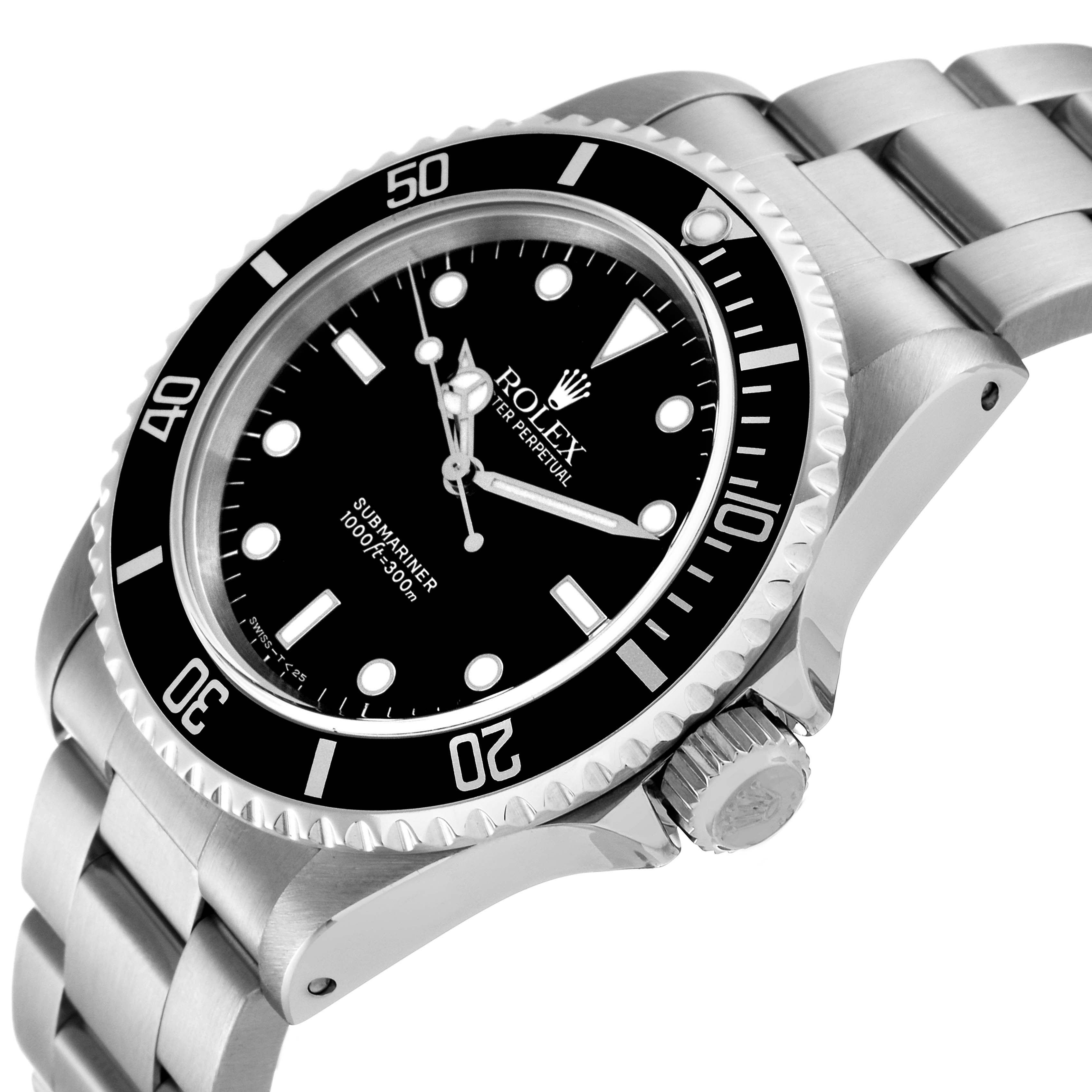 The image shows a side and front angle of a Rolex Submariner 14060 Men
s Stainless Steel Black Dial 14060 Men
s Stainless Steel Black Dial watch, highlighting its bezel, dial, and bracelet.