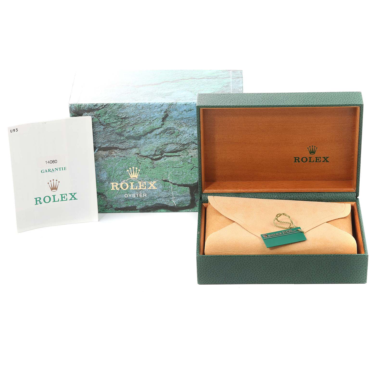 The image shows the packaging of a Rolex Submariner 14060 Men
s Stainless Steel Black Dial 14060 Men
s Stainless Steel Black Dial watch, including the outer box, inner box, warranty card, and a protective pouch.