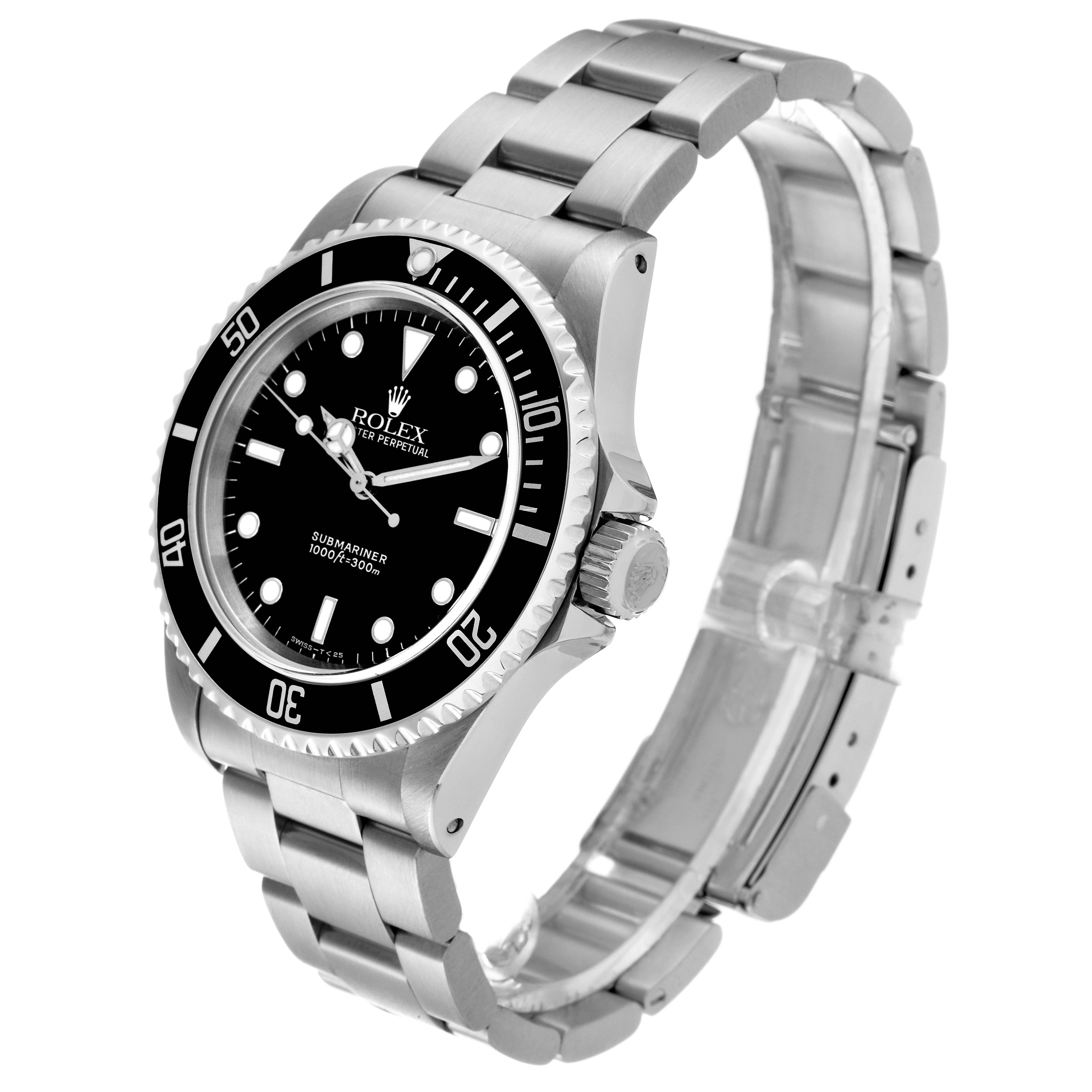 The image shows a side and slightly angled view of a Rolex Submariner 14060 Men
s Stainless Steel Black Dial 14060 Men
s Stainless Steel Black Dial watch, displaying its face, bezel, crown, and bracelet.