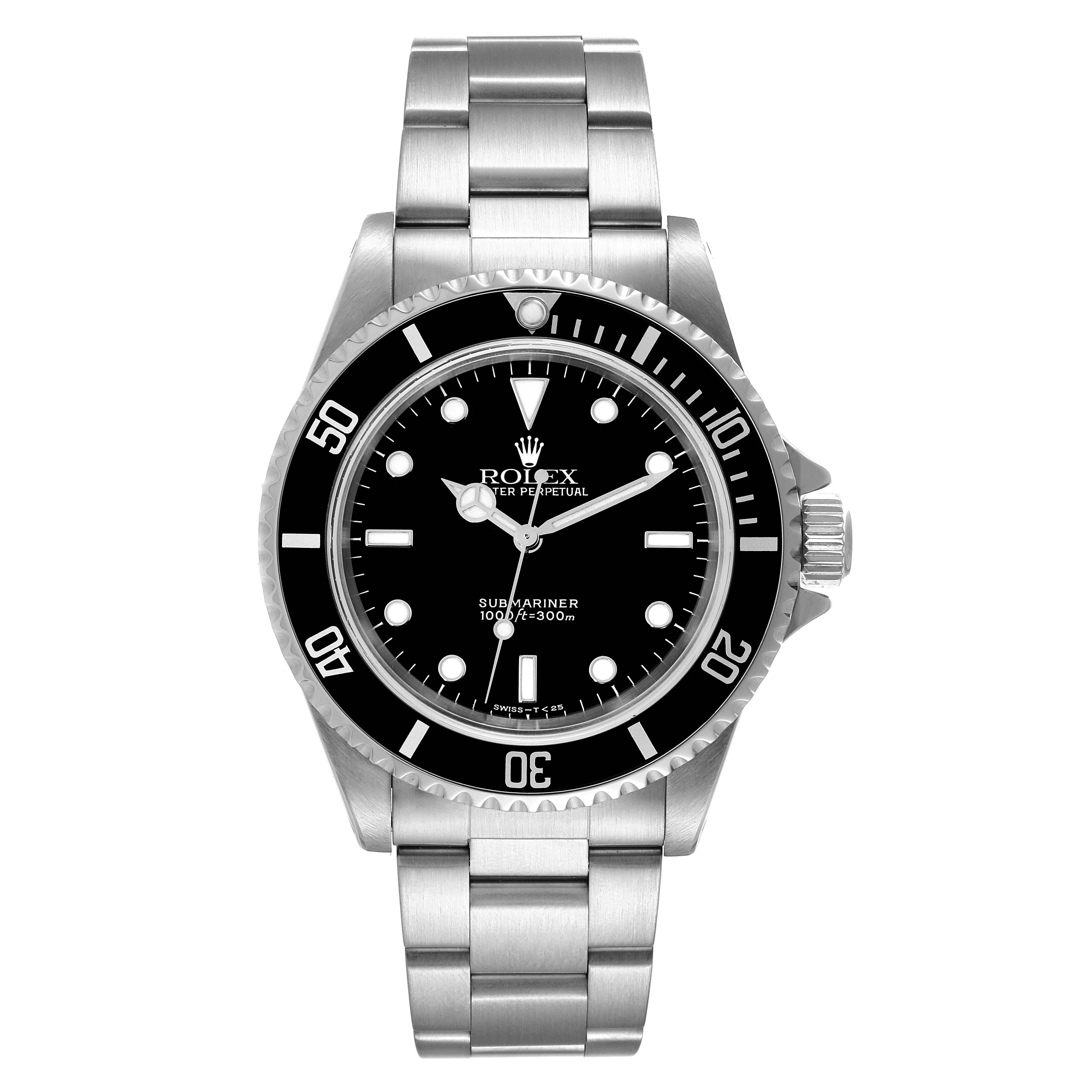 The image shows a front view of a Rolex Submariner 14060 Men
s Stainless Steel Black Dial 14060 Men
s Stainless Steel Black Dial, displaying the face, bezel, and part of the bracelet.