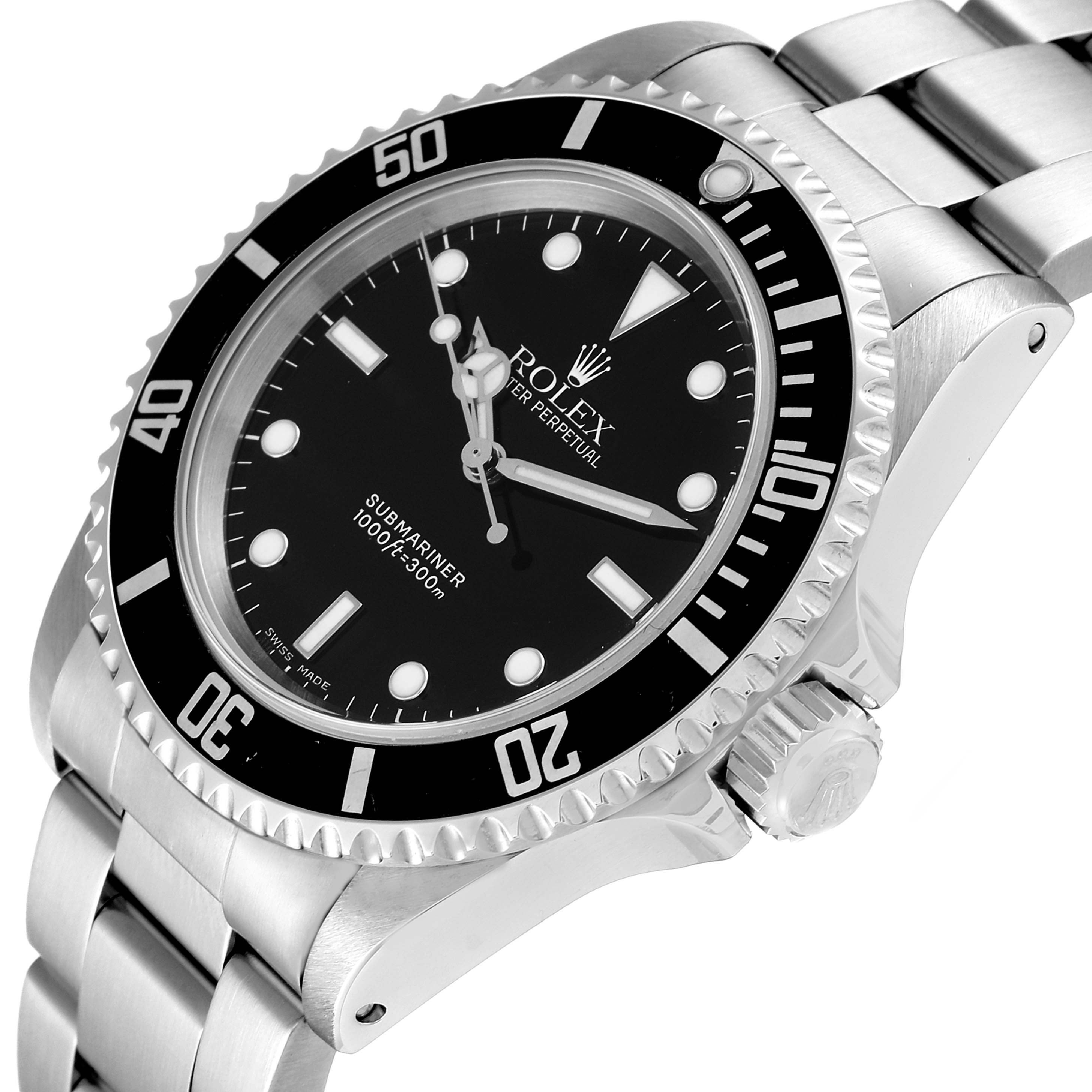 This image shows a close-up of the Rolex Submariner 14060 Men
s Stainless Steel Black Dial 14060 Men
s Stainless Steel Black Dial watch, focusing on the face, bezel, crown, and part of the bracelet.