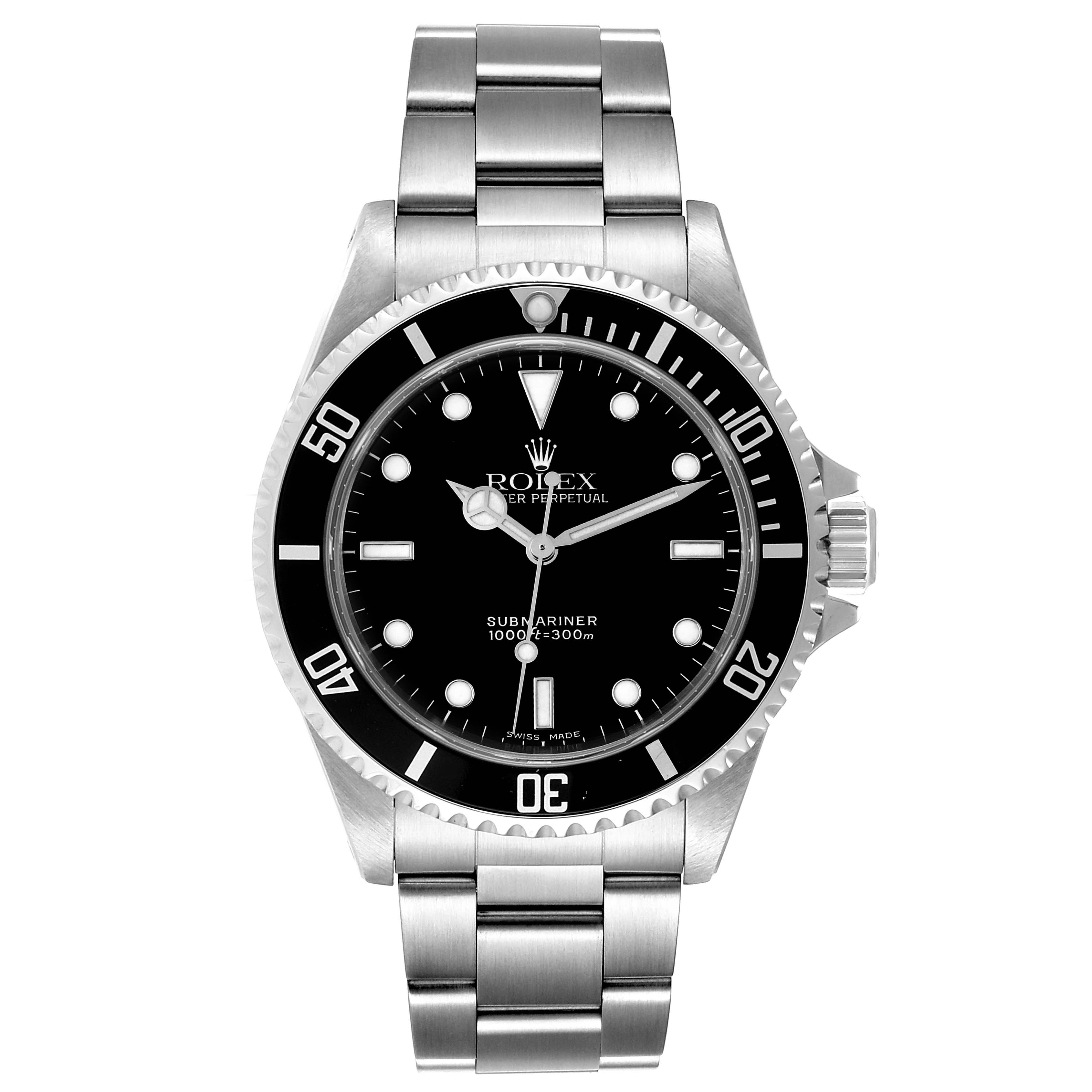 The image shows a front view of the Rolex Submariner 14060 Men
s Stainless Steel Black Dial 14060 Men
s Stainless Steel Black Dial watch, displaying the dial, bezel, and bracelet.