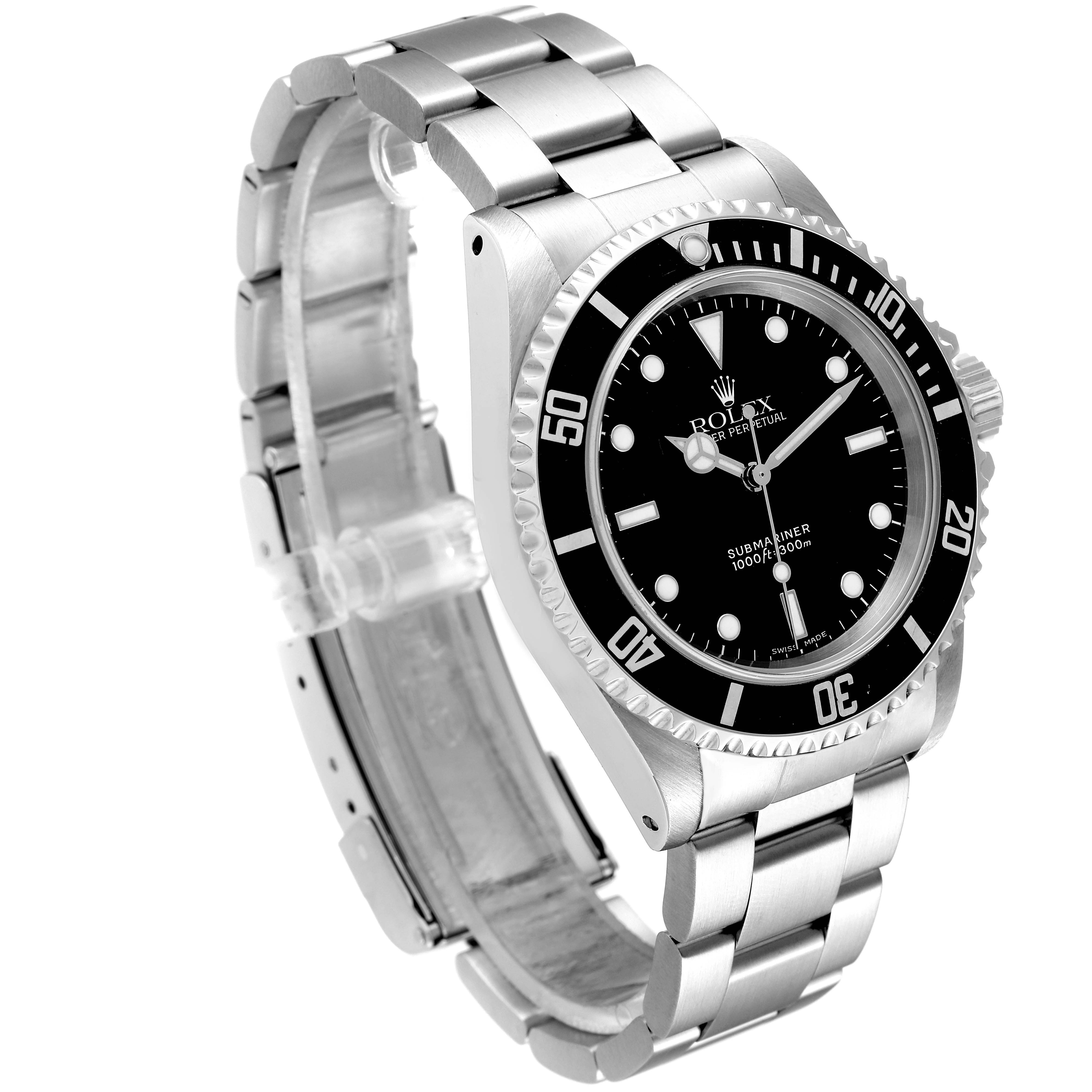The image shows a Rolex Submariner 14060 Men
s Stainless Steel Black Dial 14060 Men
s Stainless Steel Black Dial watch at a three-quarters angle emphasizing the dial, bezel, and stainless steel bracelet.