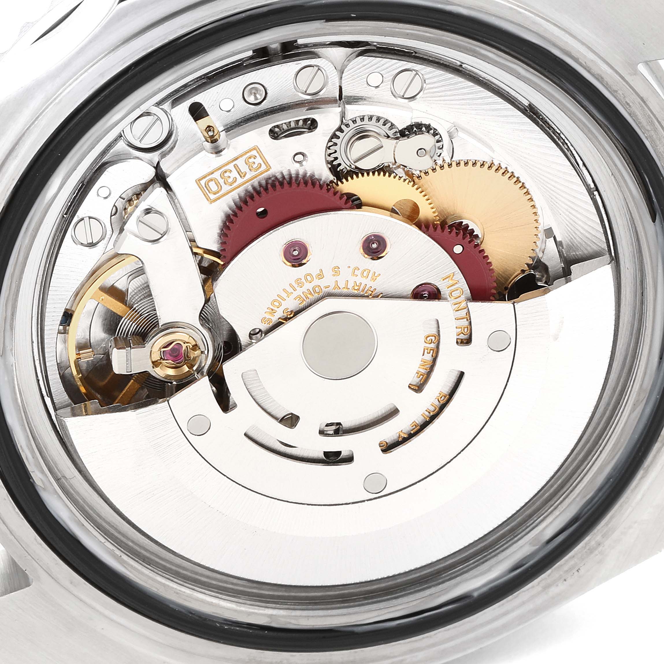 This image shows a close-up of the movement mechanism of a Rolex Submariner 14060 Men
s Stainless Steel Black Dial 14060 Men
s Stainless Steel Black Dial watch.