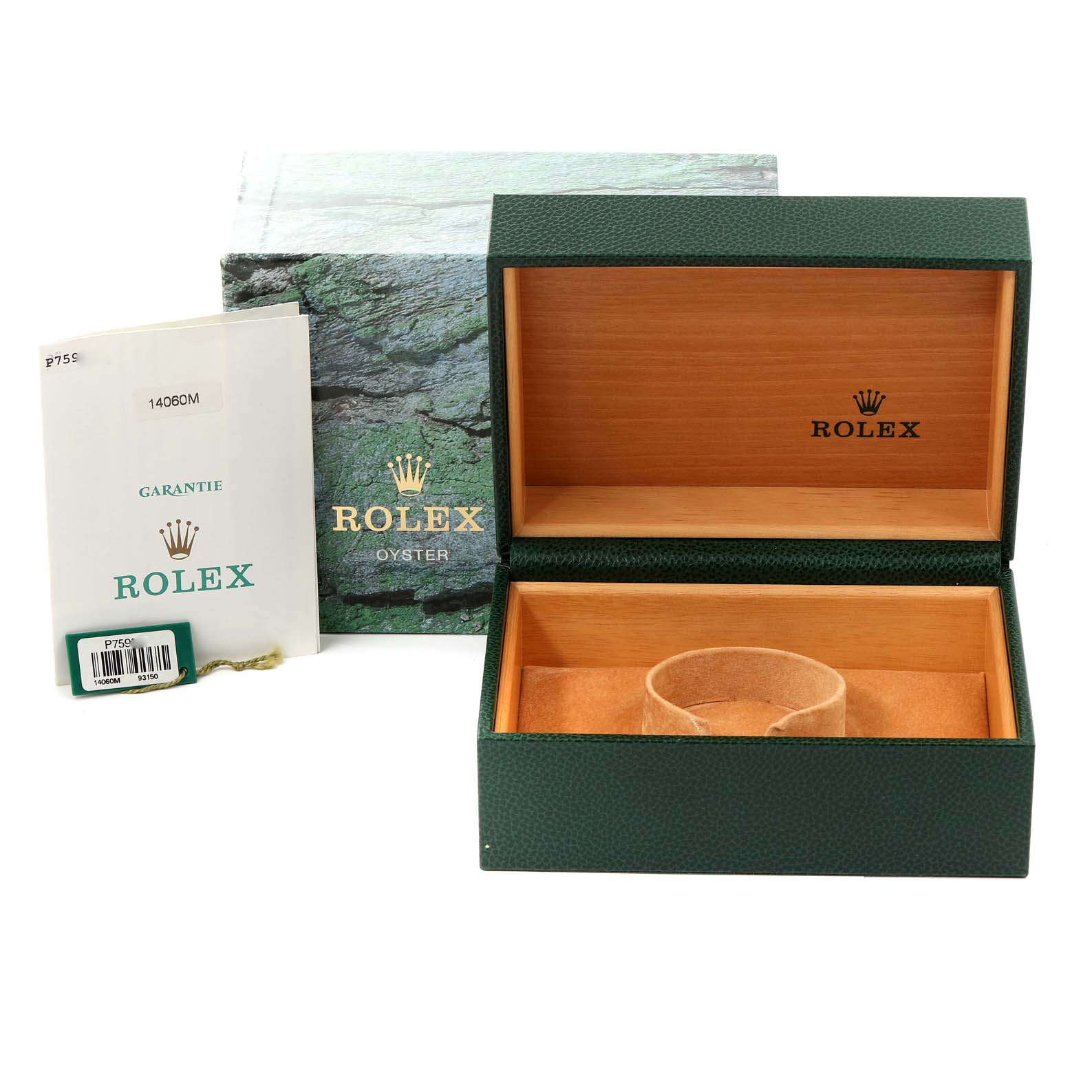 The image shows the Rolex Submariner 14060 Men
s Stainless Steel Black Dial 14060 Men
s Stainless Steel Black Dial watch box with its outer box, cushion, and warranty card from a front angle.