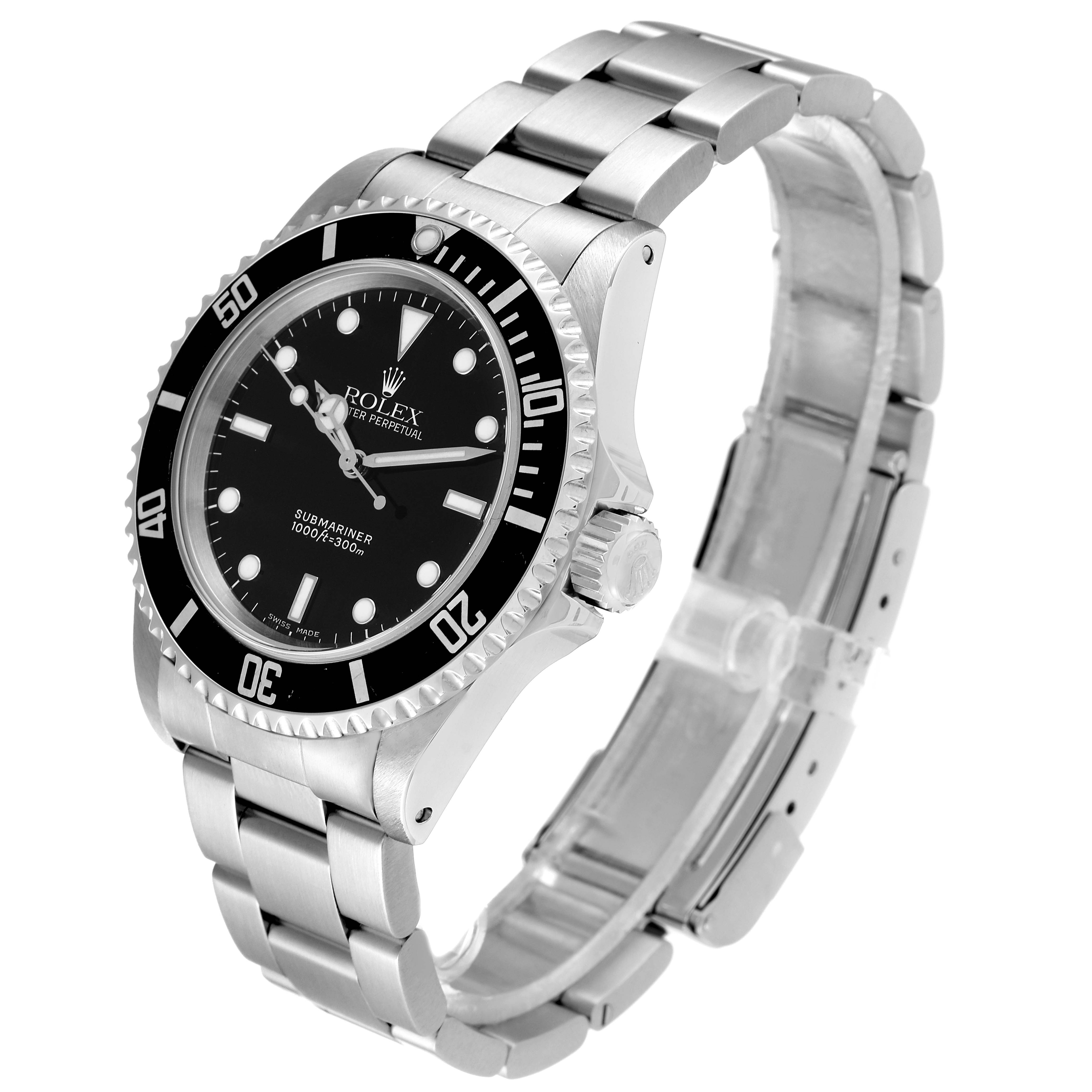 The Rolex Submariner 14060 Men
s Stainless Steel Black Dial 14060 Men
s Stainless Steel Black Dial watch is shown at a slight angle, displaying its face, bezel, crown, and bracelet.