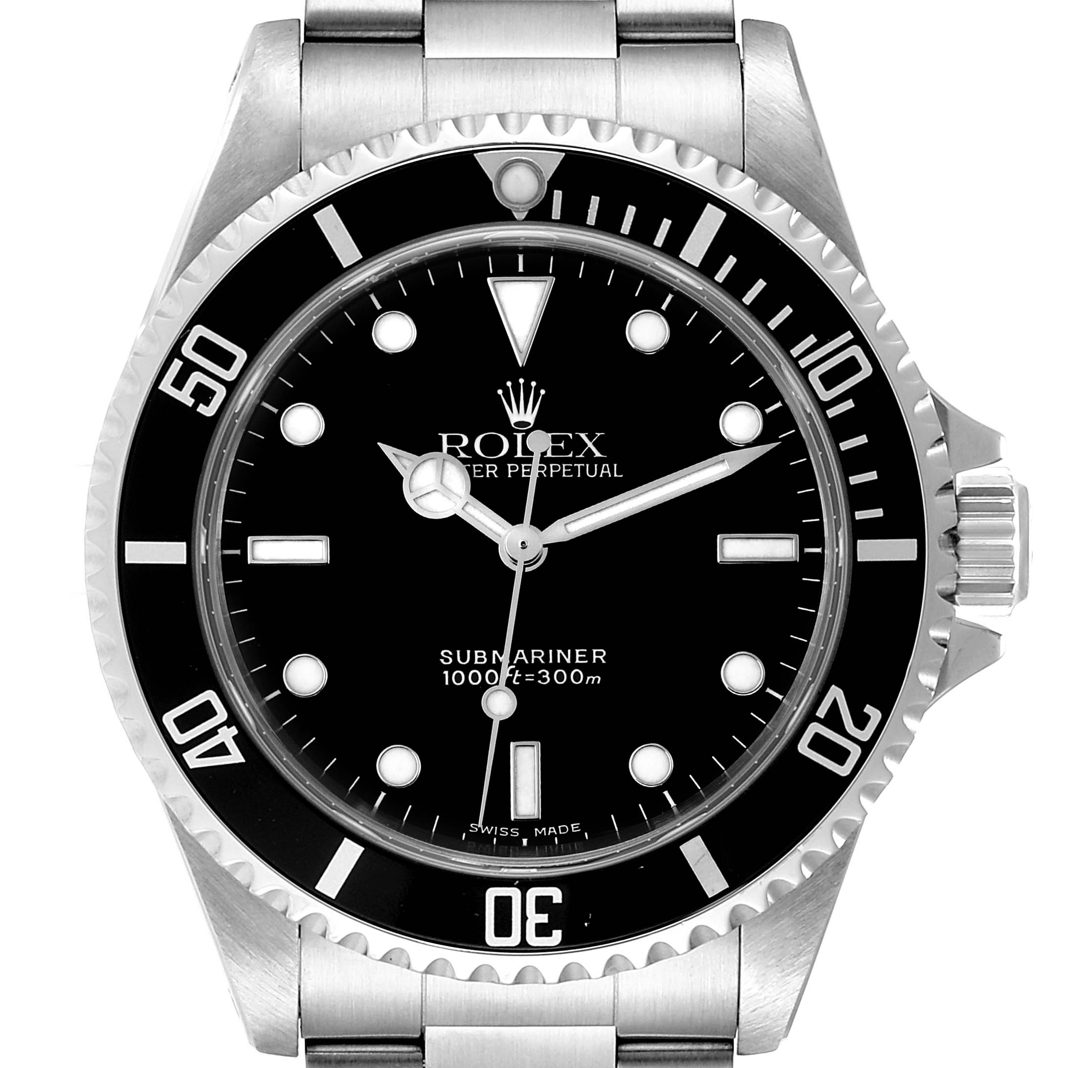 The image shows a front view of the Rolex Submariner 14060 Men
s Stainless Steel Black Dial 14060 Men
s Stainless Steel Black Dial watch displaying its dial, bezel, crown, and part of the bracelet.
