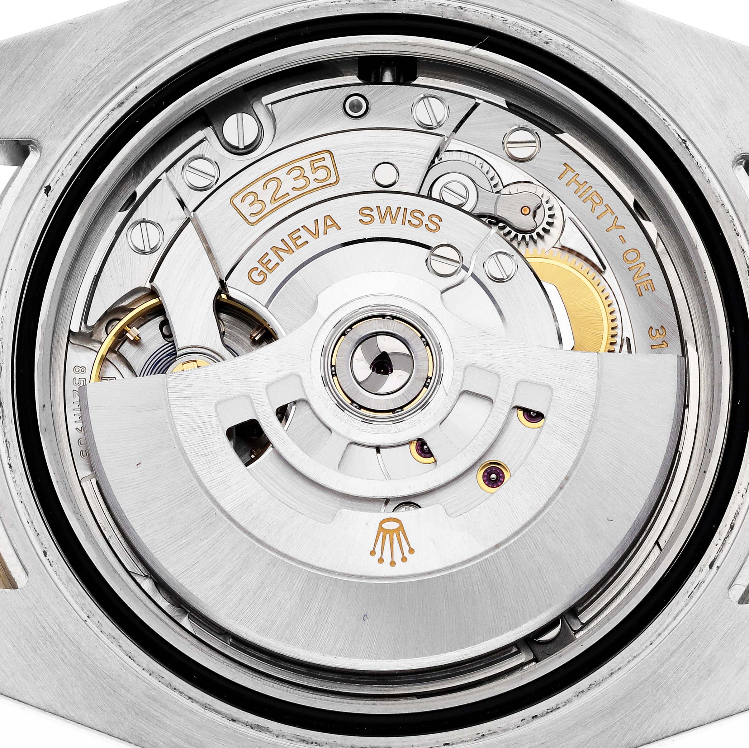 This image shows the open back view of the Rolex Submariner 126613 Men's Steel and Gold (two tone) Blue Dial 126613 Men's Steel and Gold (two tone) Blue Dial watch, featuring its intricate internal mechanical movement.