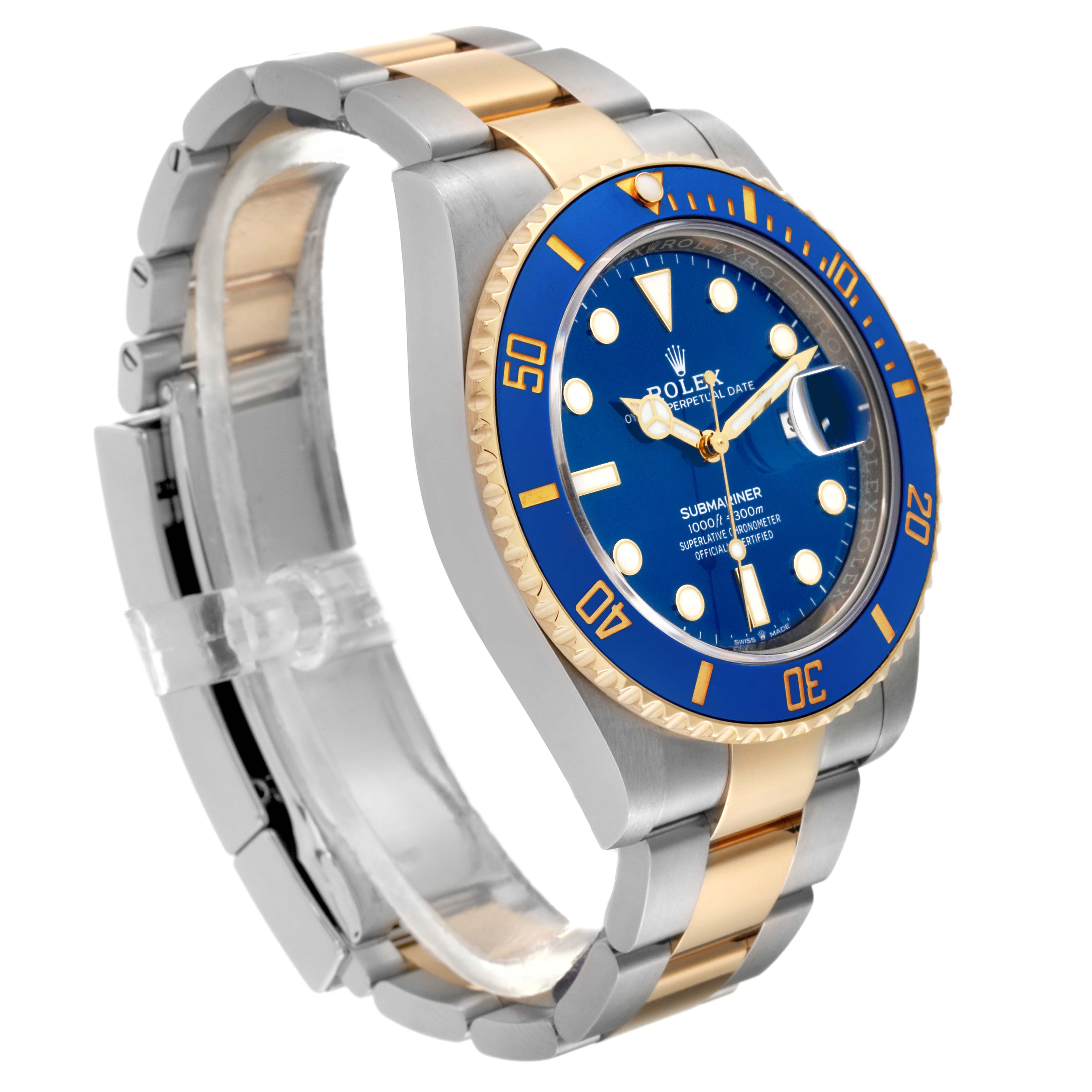 The image shows a Rolex Submariner 126613 Men's Steel and Gold (two tone) Blue Dial 126613 Men's Steel and Gold (two tone) Blue Dial watch from a side angle, highlighting the blue dial, bezel, and two-tone bracelet.
