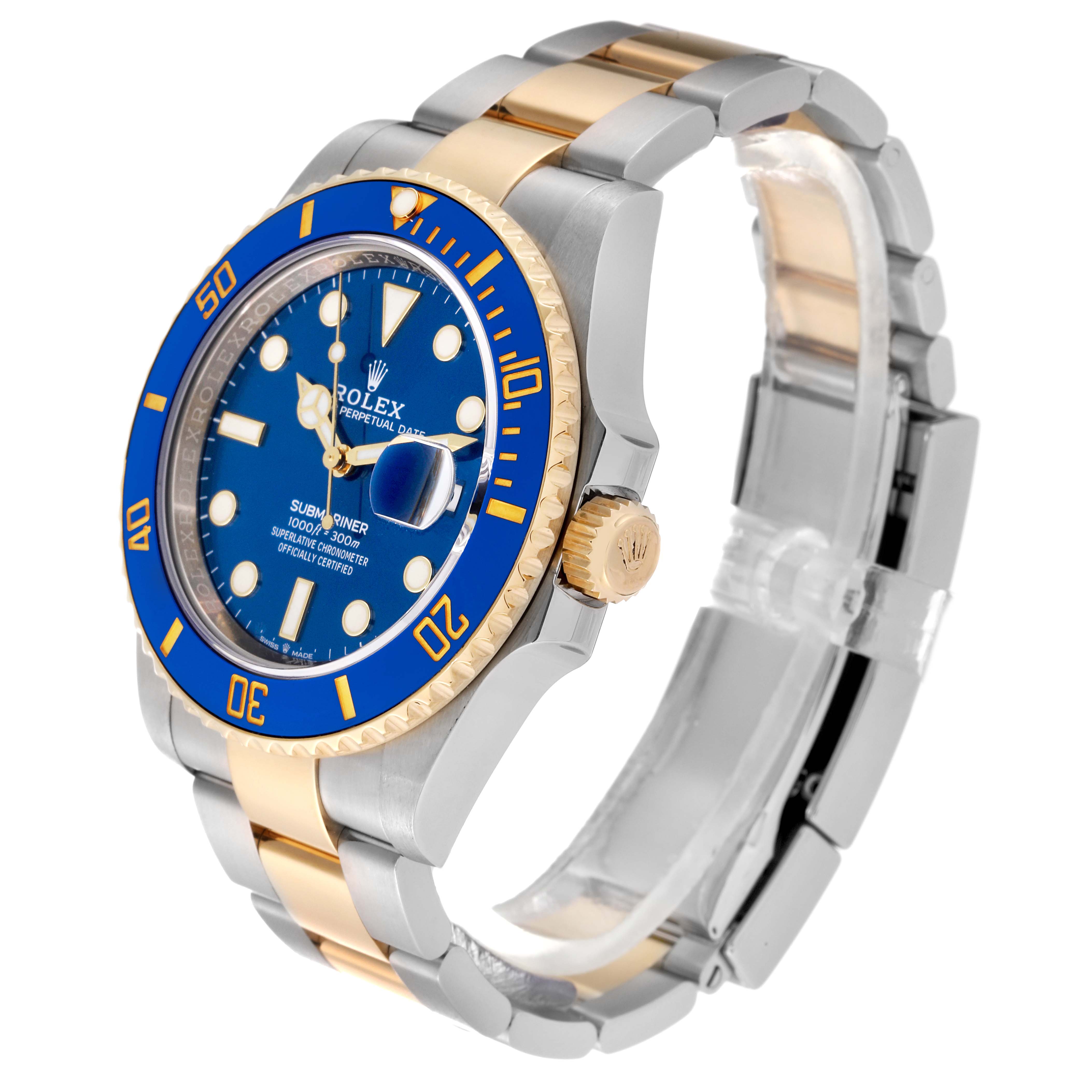 The image shows a Rolex Submariner 126613 Men's Steel and Gold (two tone) Blue Dial 126613 Men's Steel and Gold (two tone) Blue Dial watch at a 3/4 angle, displaying its blue dial, bezel, crown, and two-tone bracelet.