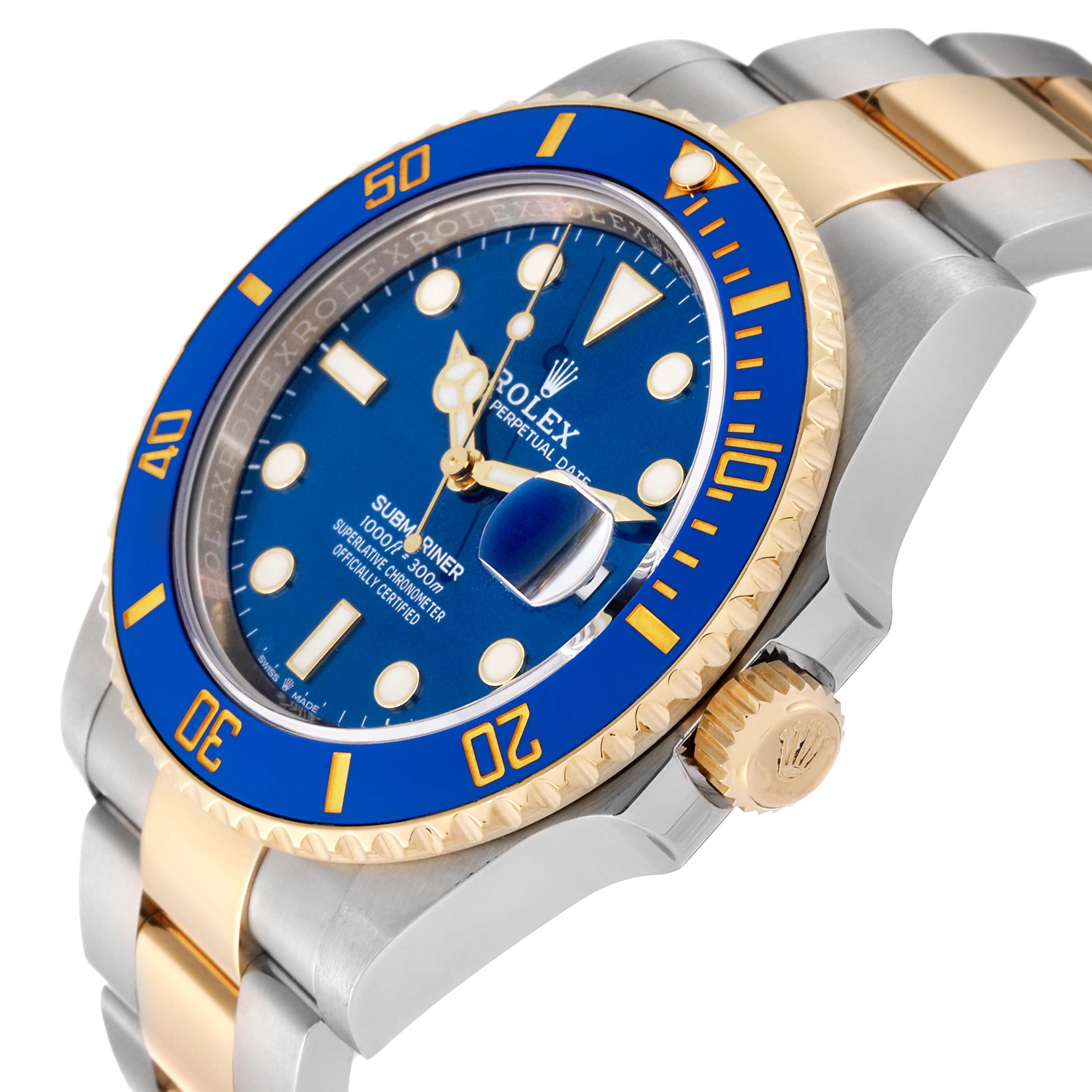 This image shows a three-quarter view of a Rolex Submariner 126613 Men's Steel and Gold (two tone) Blue Dial 126613 Men's Steel and Gold (two tone) Blue Dial watch, highlighting the blue dial, gold-and-silver bracelet, and bezel.
