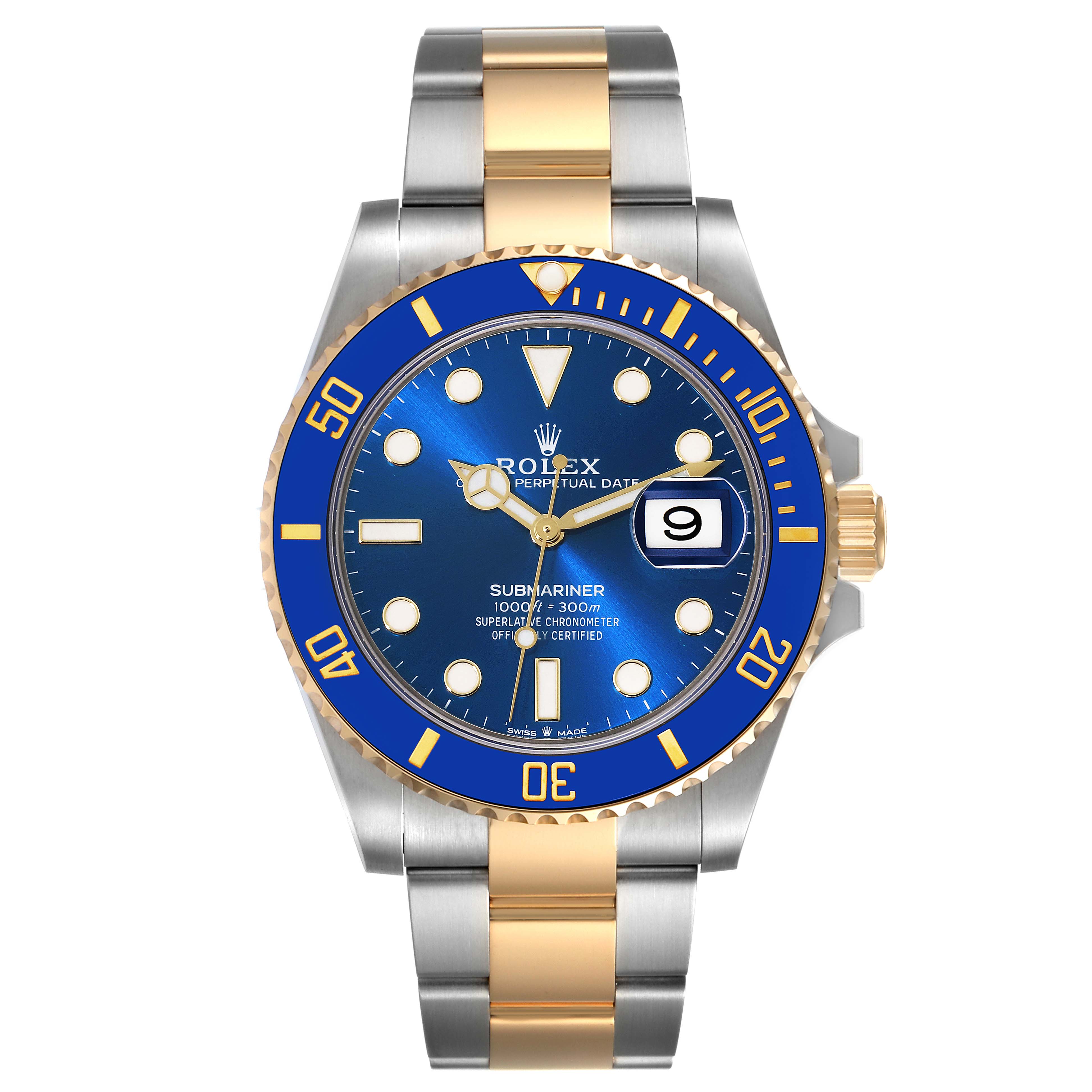 The image shows a front view of a Rolex Submariner 126613 Men's Steel and Gold (two tone) Blue Dial 126613 Men's Steel and Gold (two tone) Blue Dial watch with a blue dial, gold accents, and a date display.