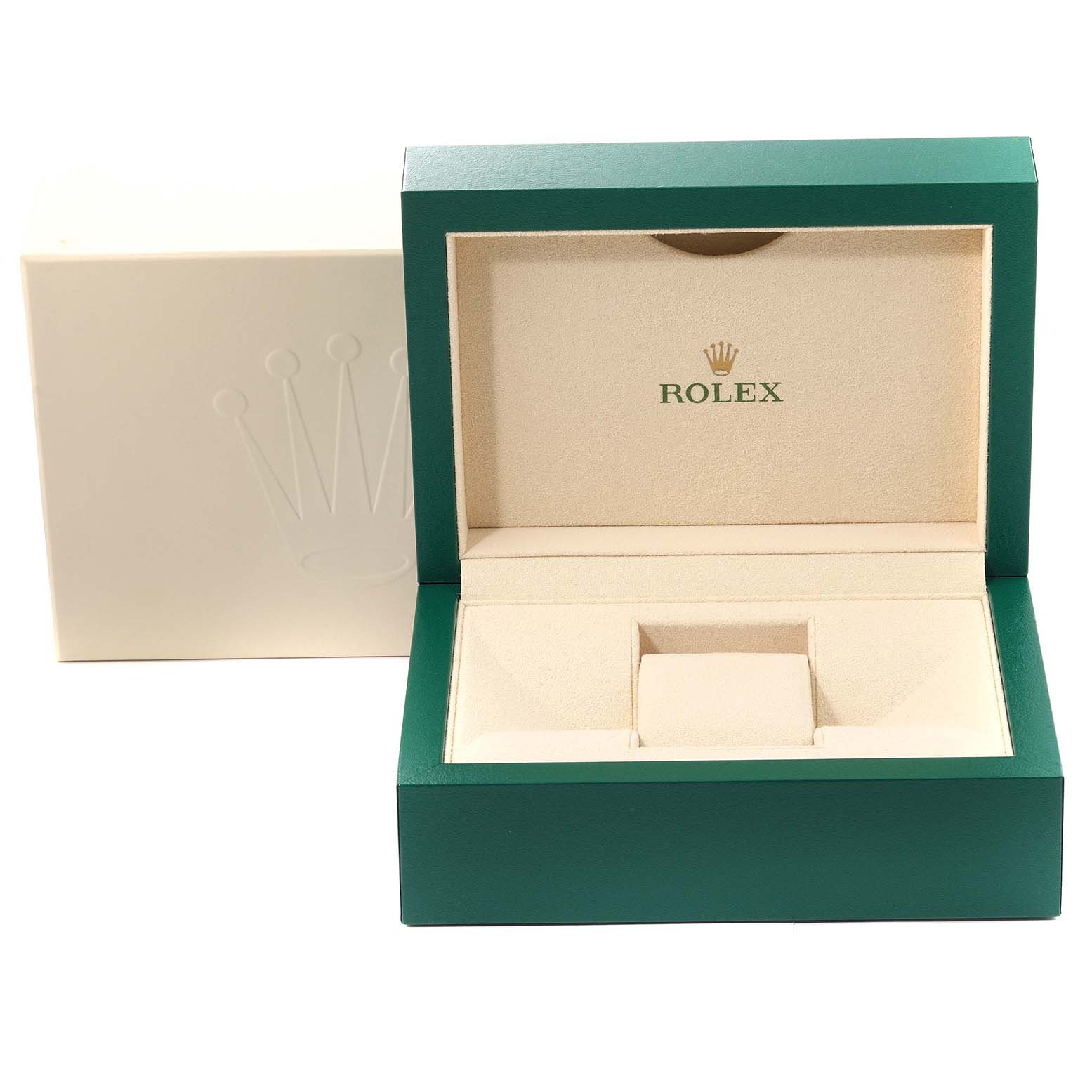 This image shows an open Rolex Submariner 126613 Men's Steel and Gold (two tone) Blue Dial 126613 Men's Steel and Gold (two tone) Blue Dial watch box, revealing the interior compartments and the "Rolex" logo.