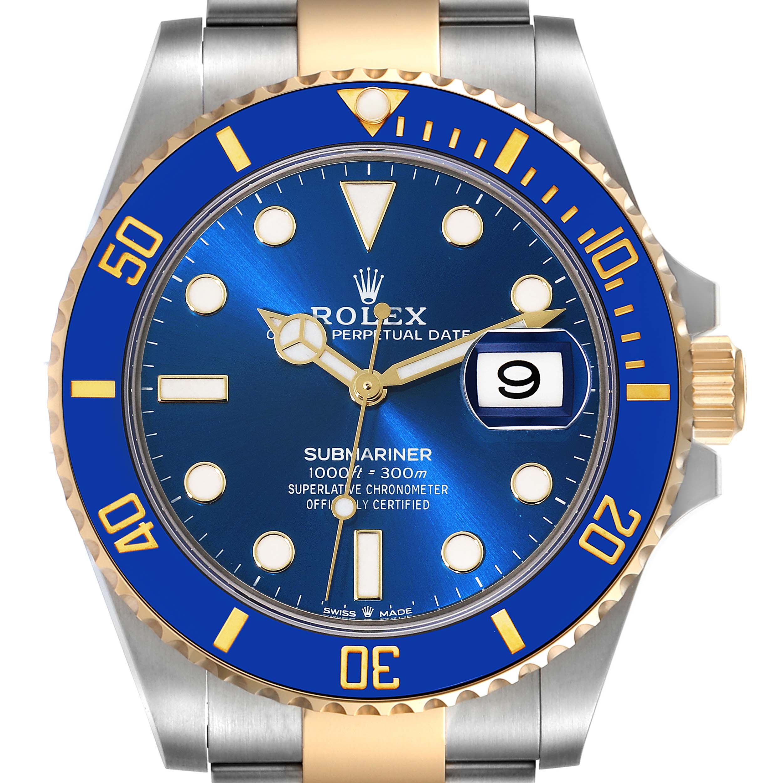 The image shows a Rolex Submariner 126613 Men's Steel and Gold (two tone) Blue Dial 126613 Men's Steel and Gold (two tone) Blue Dial watch from a front angle, highlighting the blue dial, bezel, and parts of the bracelet.