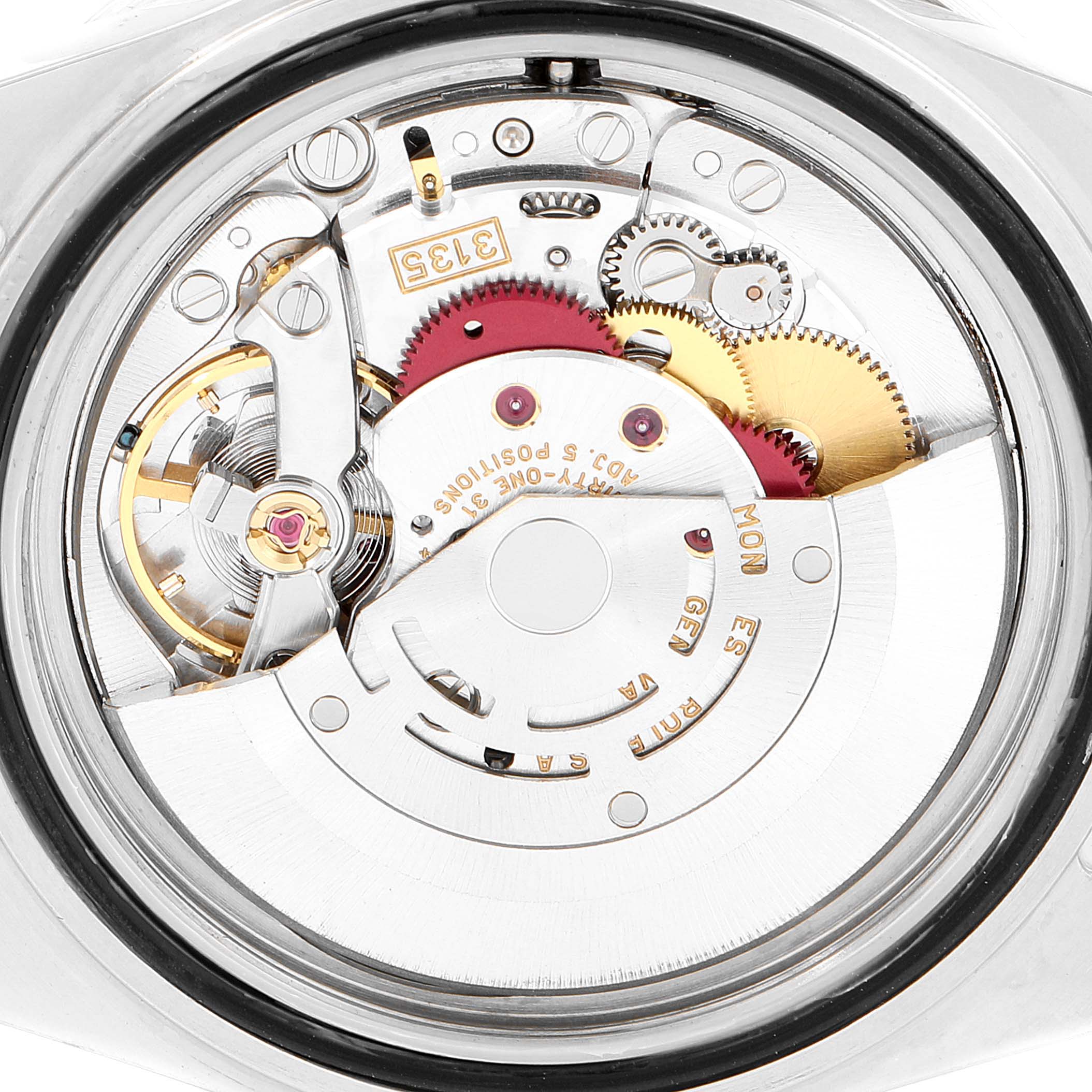 This image shows the intricate internal mechanism of a Rolex Submariner 16610 Men
s Stainless Steel Black Dial 16610 Men
s Stainless Steel Black Dial watch from a top-down angle.