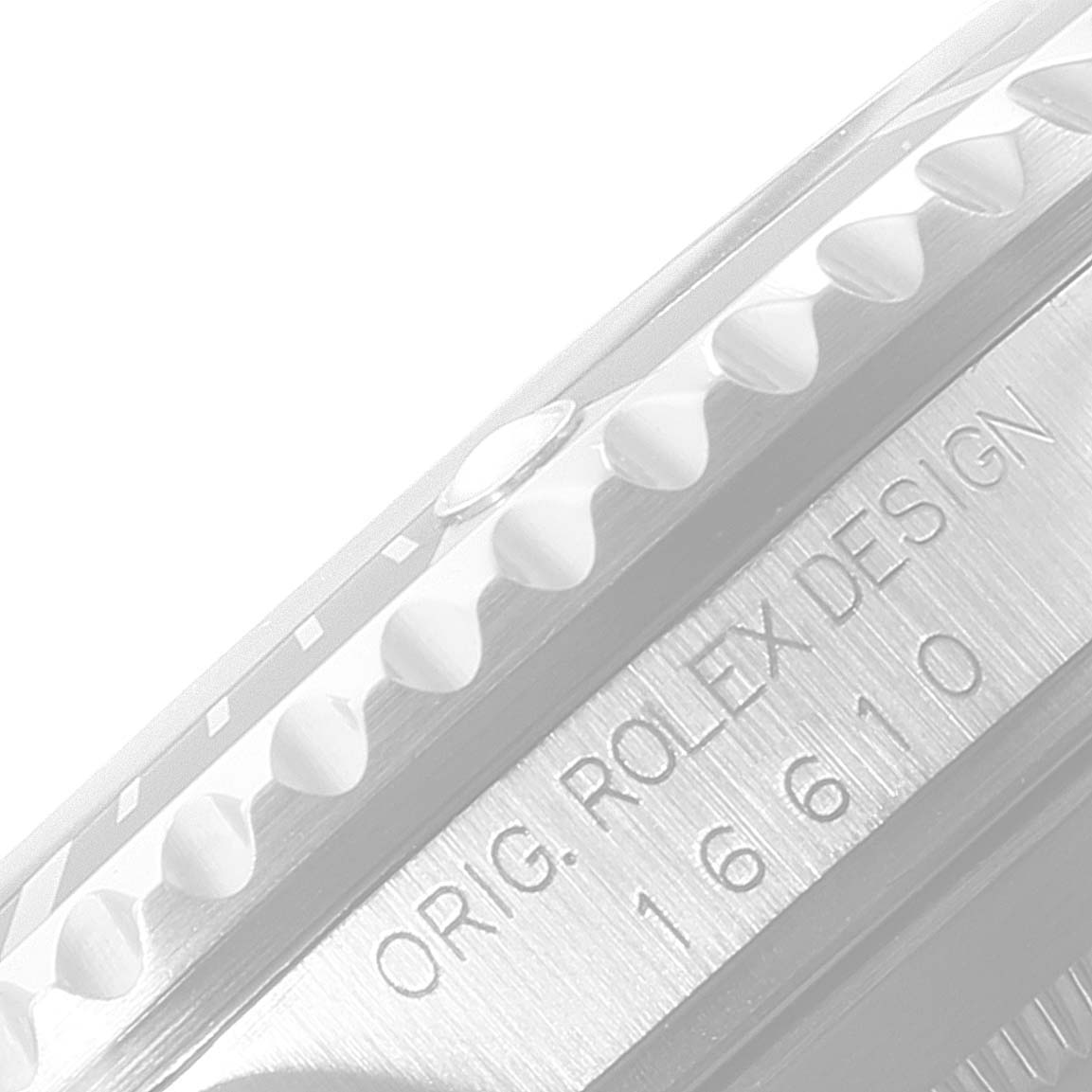 The image shows a close-up of the side of the bezel and case of the Rolex Submariner 16610 Men
s Stainless Steel Black Dial 16610 Men
s Stainless Steel Black Dial with the engraving details visible.