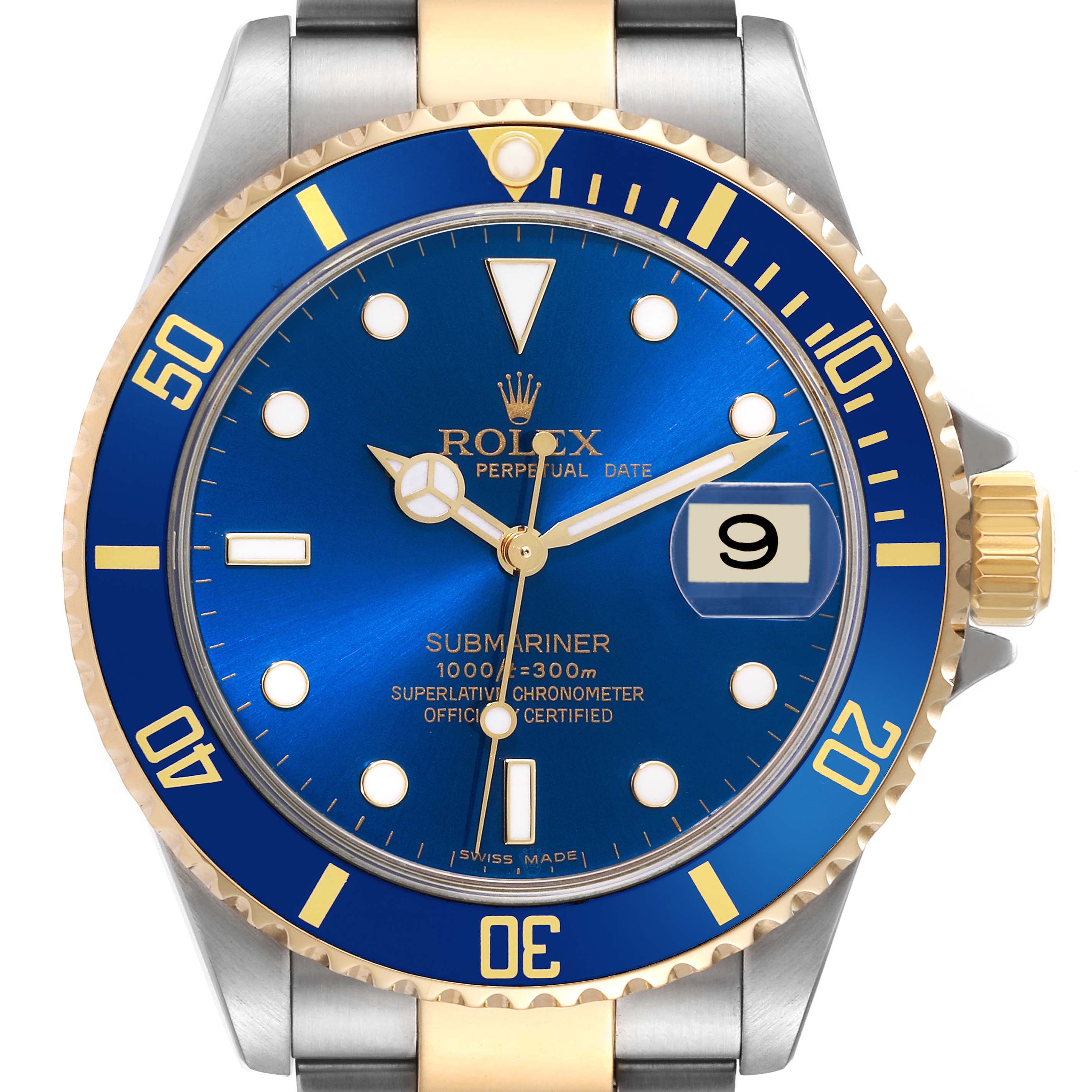 The Rolex Submariner 16613 Men's Steel and Gold (two tone) Blue Dial 16613 Men's Steel and Gold (two tone) Blue Dial watch is shown from the front, highlighting the blue dial, bezel, date window, and two-tone bracelet.