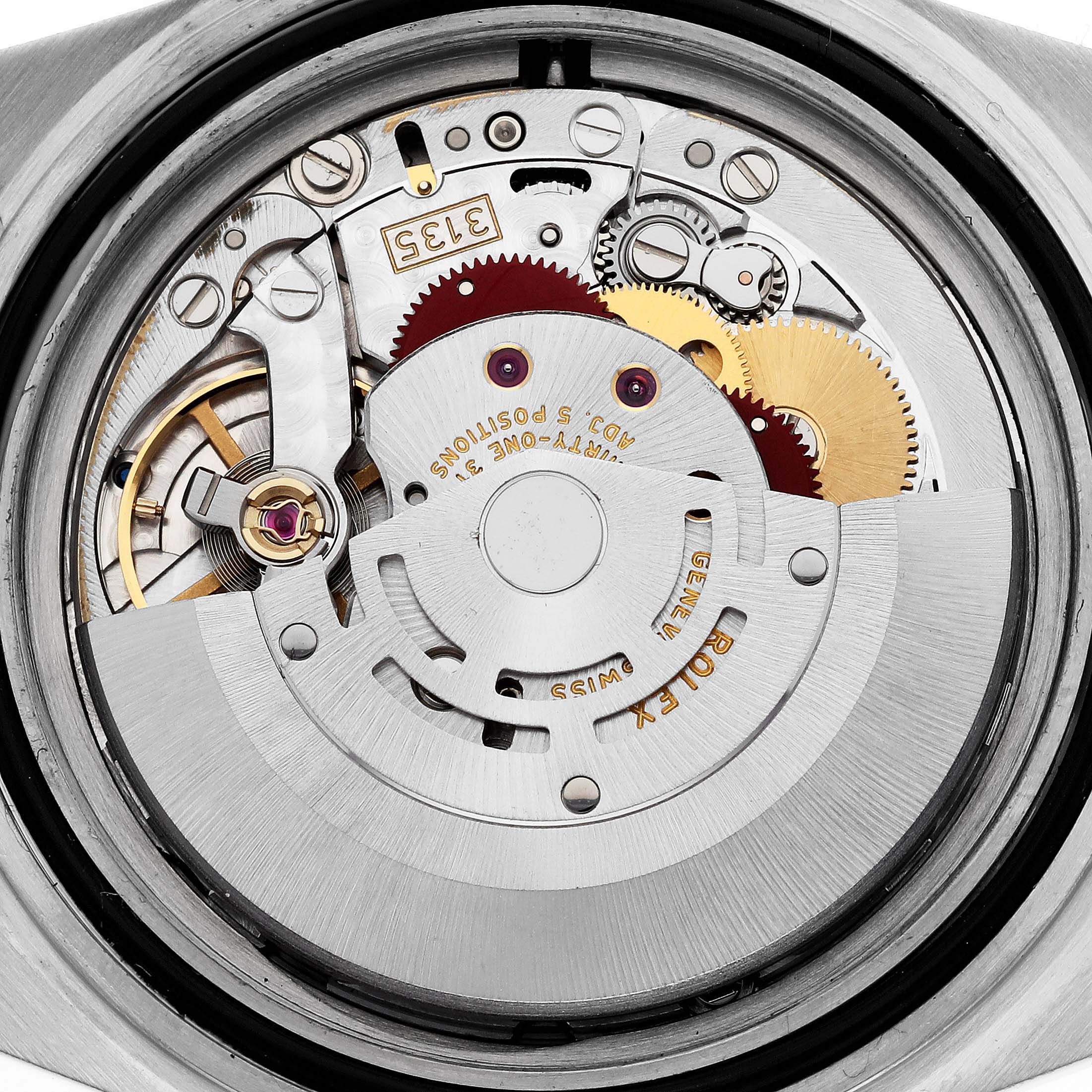 This is an angled shot showing the internal mechanism of a Rolex Submariner 16613 Men's Steel and Gold (two tone) Blue Dial 16613 Men's Steel and Gold (two tone) Blue Dial watch.