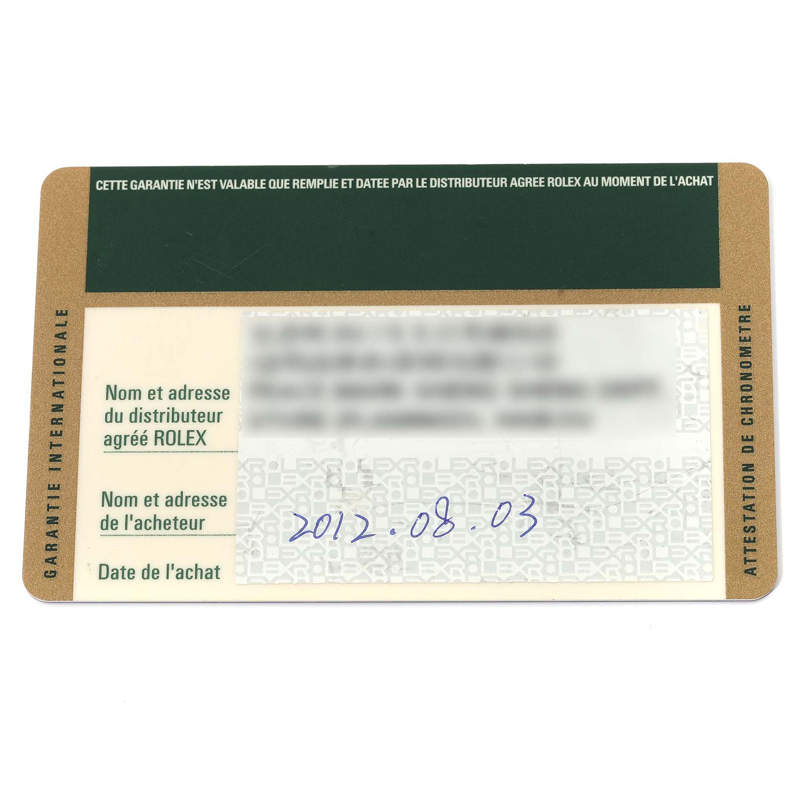 This image shows the warranty card for a Rolex Submariner 16613 Men's Steel and Gold (two tone) Blue Dial 16613 Men's Steel and Gold (two tone) Blue Dial watch.