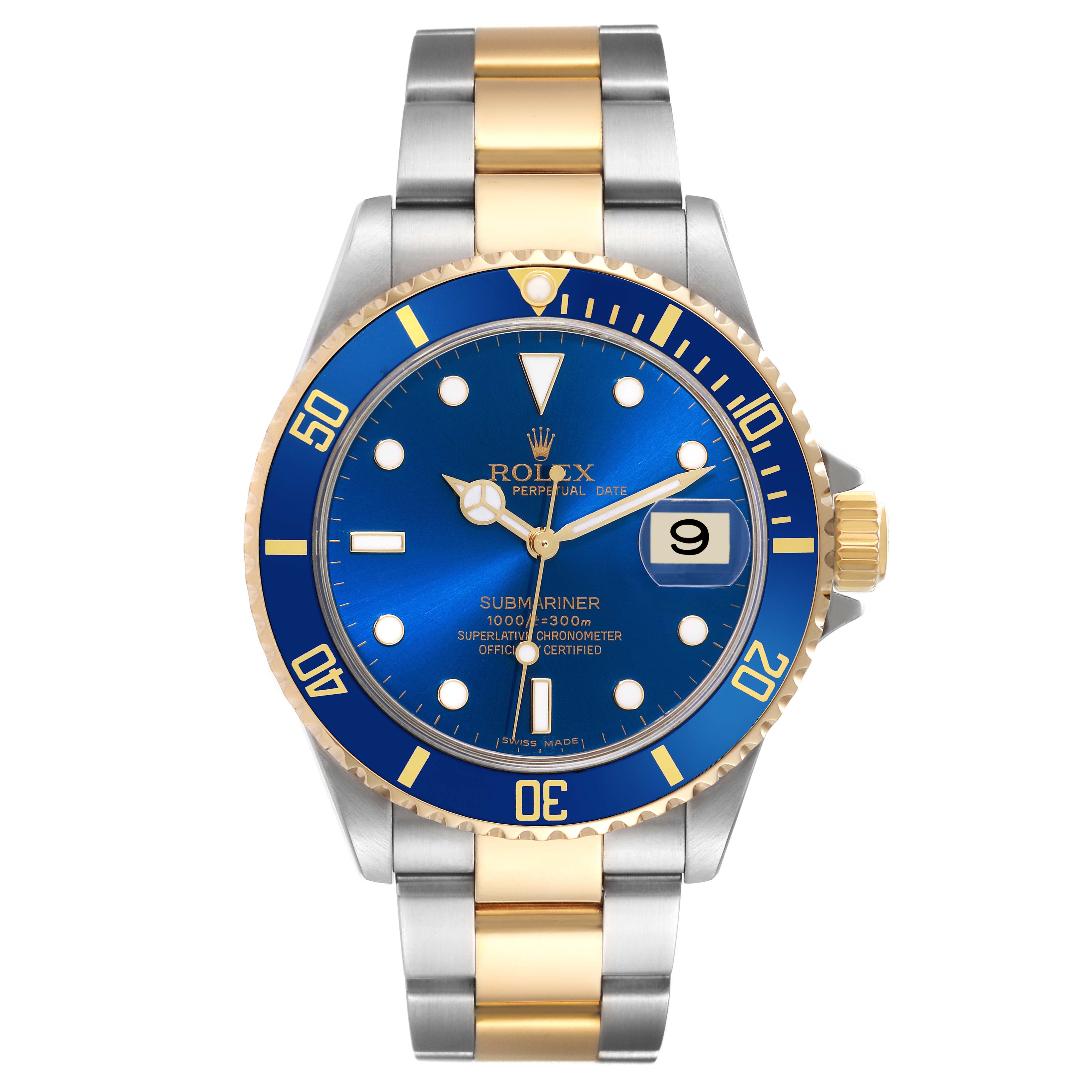 The image shows a Rolex Submariner 16613 Men's Steel and Gold (two tone) Blue Dial 16613 Men's Steel and Gold (two tone) Blue Dial watch front view, highlighting its blue dial, date function, and two-tone bracelet.